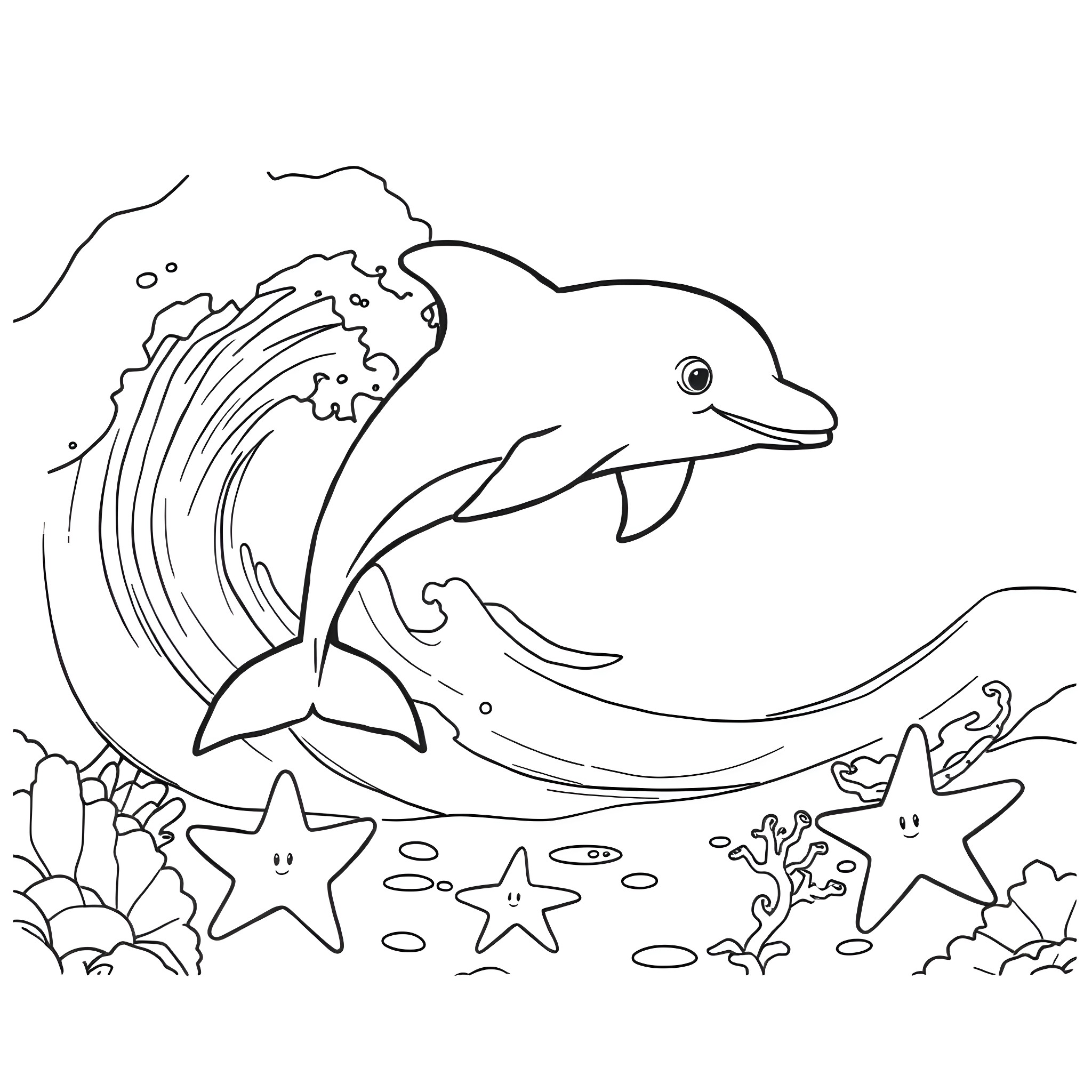 Dolphin swimming amid underwater marine life Coloring Page (free black-and-white line drawing printable PDF for all, from beginners to advanced learners, including children, teens, adults, and seniors)