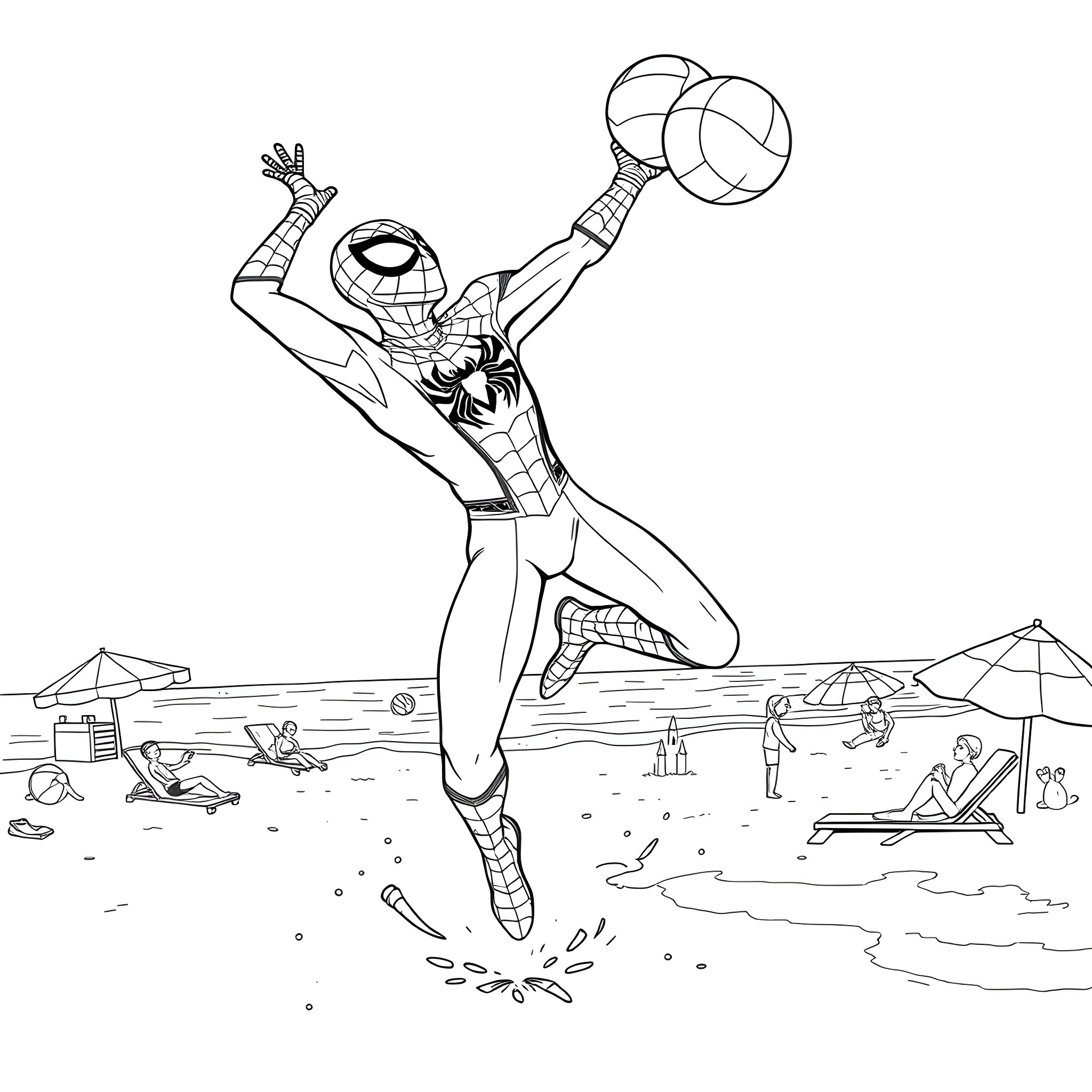 Spider-Man swinging in the beach scene Coloring Page (free black-and-white line drawing printable PDF for all, from beginners to advanced learners, including children, teens, adults, and seniors)