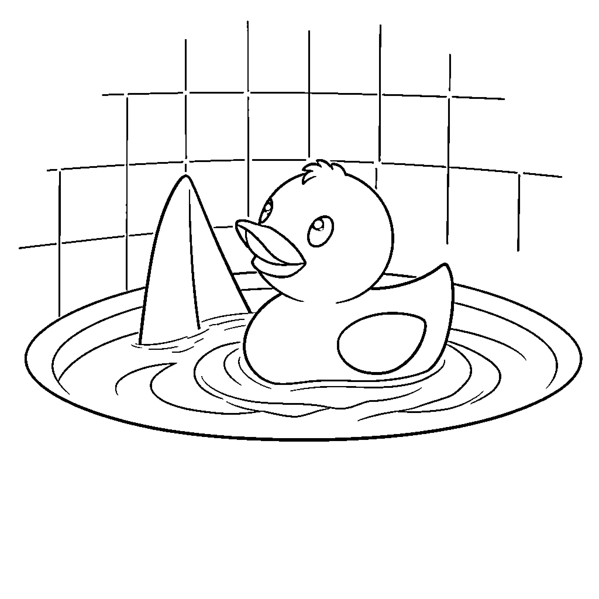 Rubber Ducky Playing Happily in Bathtub Coloring Page (free black-and-white line drawing printable PDF for all, from beginners to advanced learners, including children, teens, adults, and seniors)