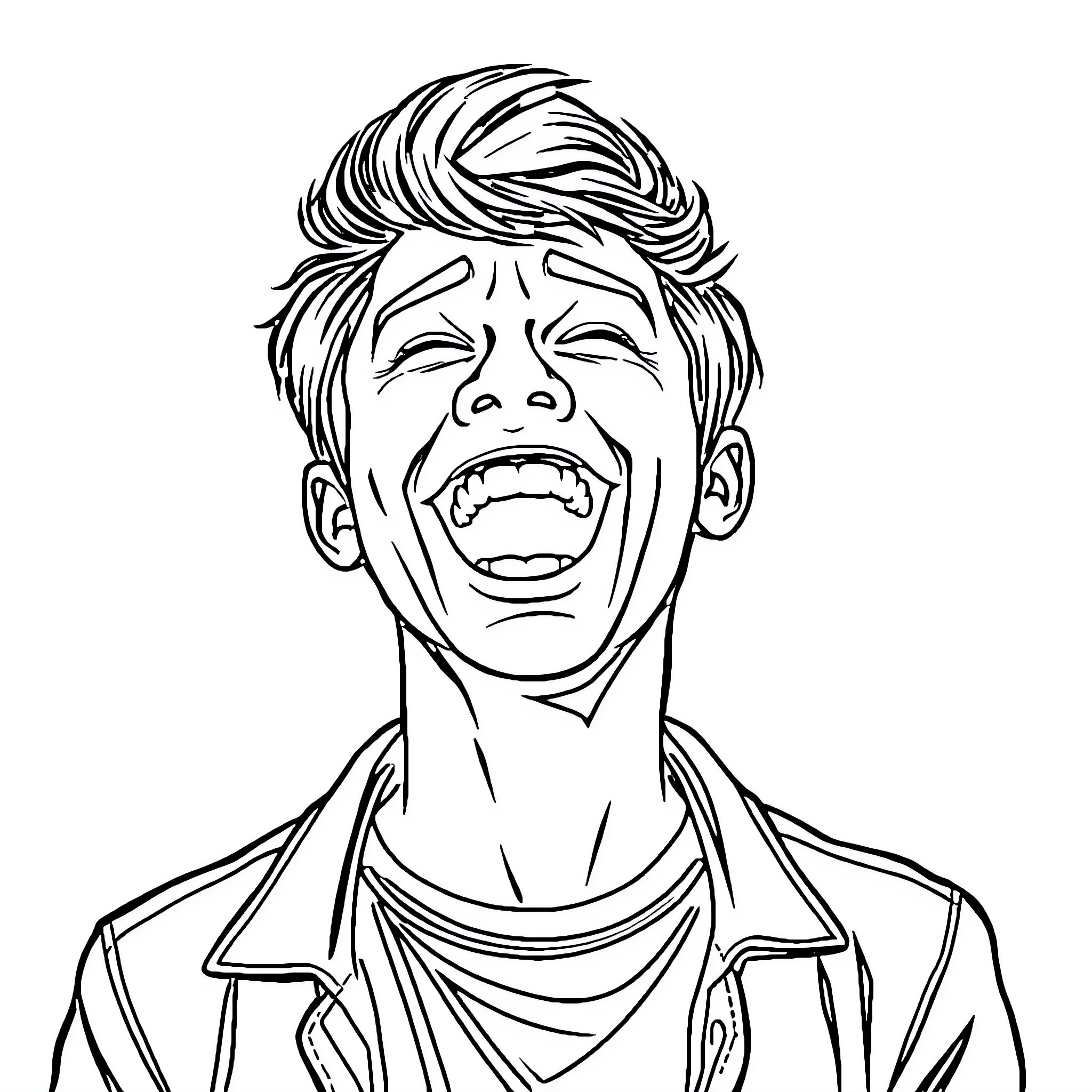 LOL Joyful young man makes funny face Coloring Page (free black-and-white line drawing printable PDF for all, from beginners to advanced learners, including children, teens, adults, and seniors)