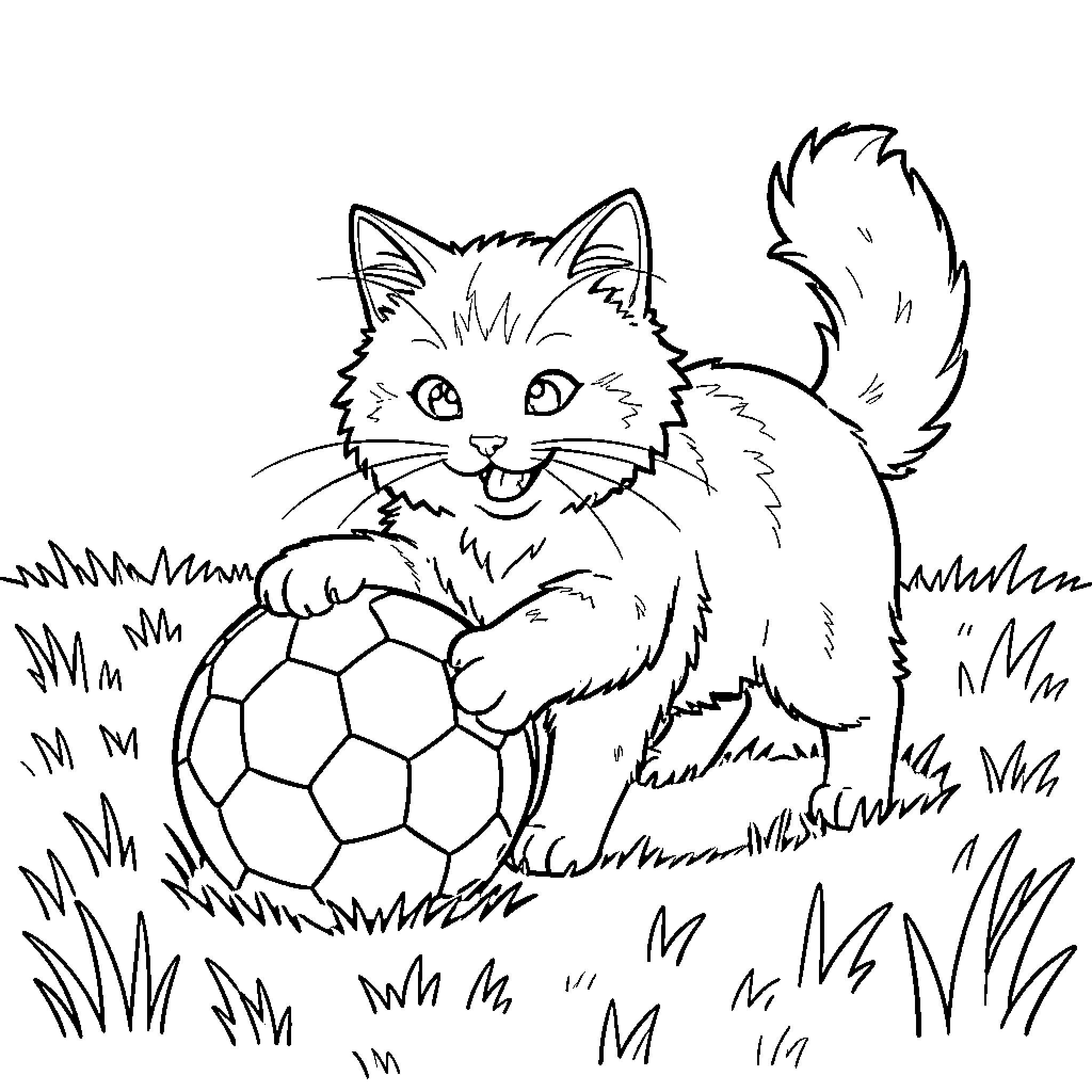Cat playing with soccer ball in the grass Coloring Page (free black-and-white line drawing printable PDF for all, from beginners to advanced learners, including children, teens, adults, and seniors)