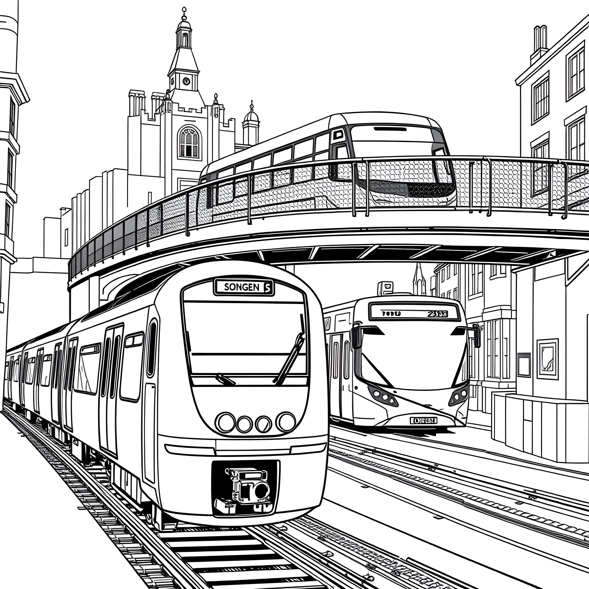 Train traveling through a city with modern buildings Coloring Page (free black-and-white line drawing printable PDF for all, from beginners to advanced learners, including children, teens, adults, and seniors)