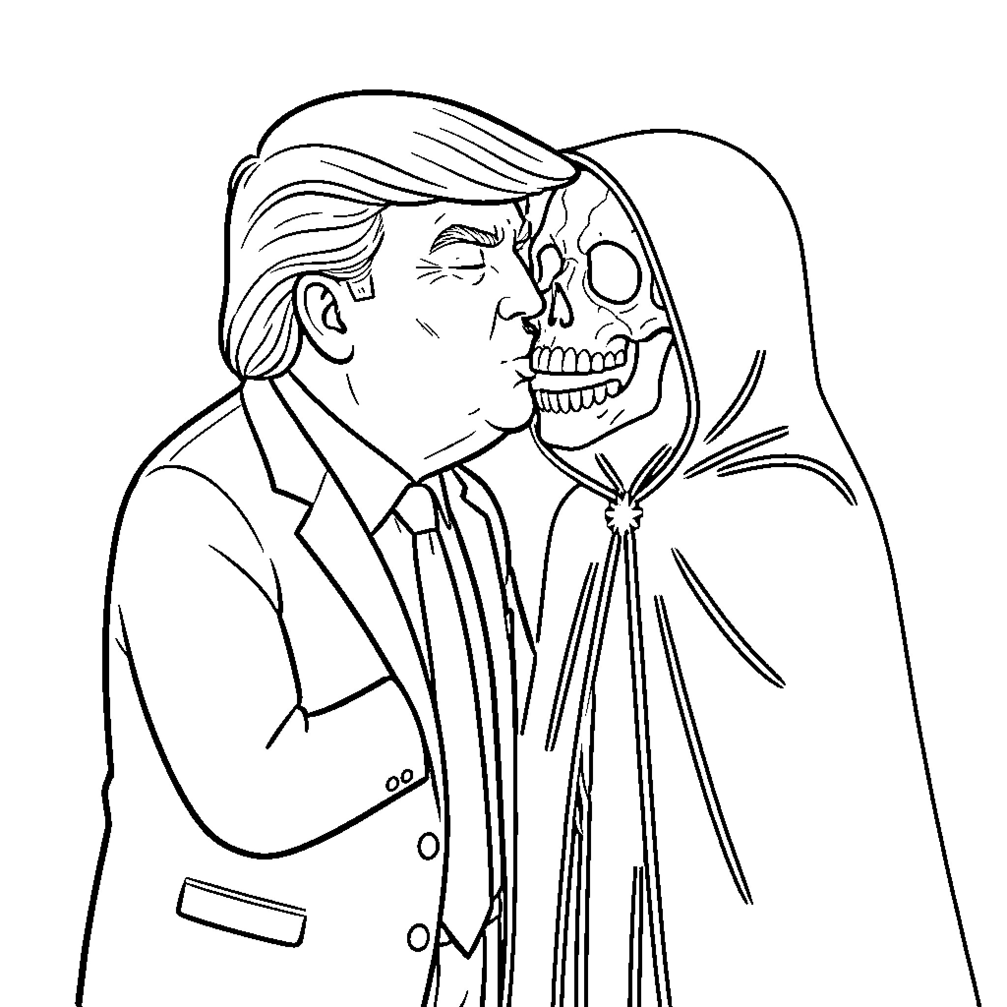 Trump's Ominous Encounter with a Skeleton Figure Coloring Page (free black-and-white line drawing printable PDF for all, from beginners to advanced learners, including children, teens, adults, and seniors)