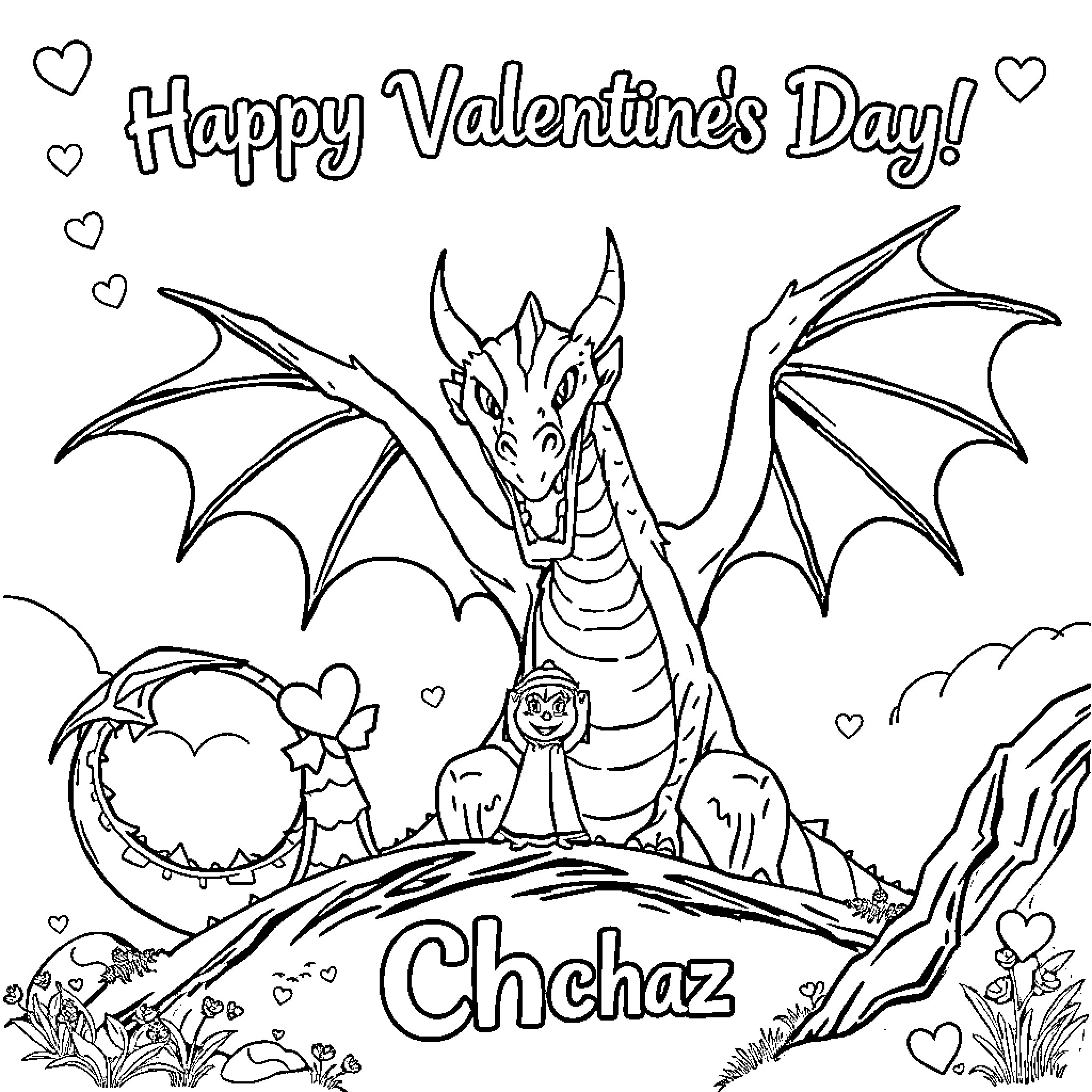 Smaug the dragon celebrates Valentine's Day Coloring Page (free black-and-white line drawing printable PDF for all, from beginners to advanced learners, including children, teens, adults, and seniors)
