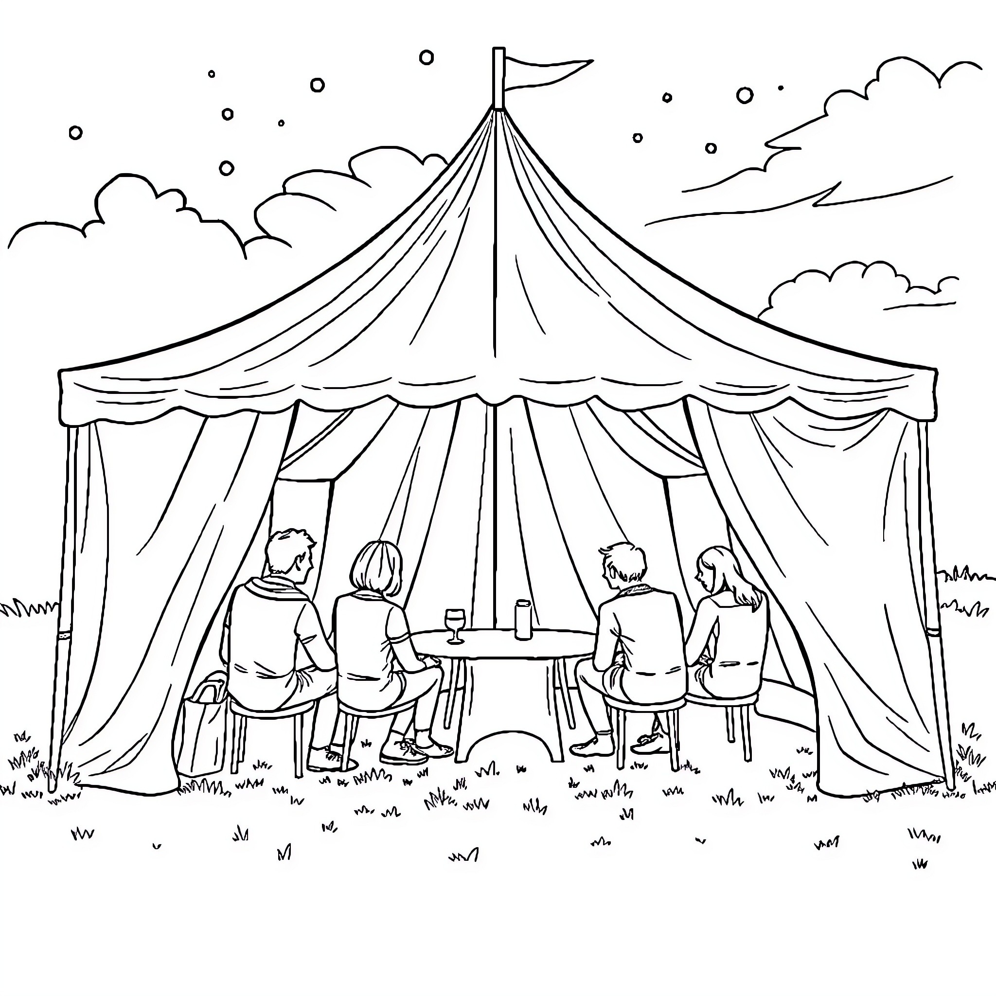 Tent hosting a cozy gathering with people Coloring Page (free black-and-white line drawing printable PDF for all, from beginners to advanced learners, including children, teens, adults, and seniors)