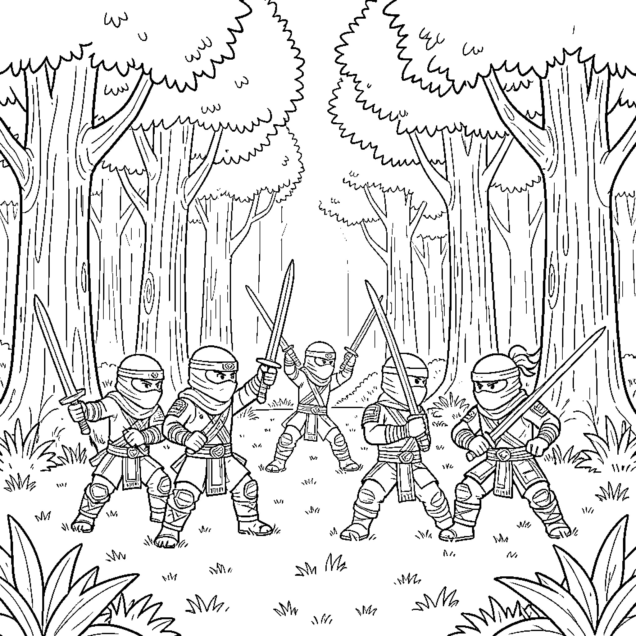 Ninjago characters wielding swords in a forest battle Coloring Page (free black-and-white line drawing printable PDF for all, from beginners to advanced learners, including children, teens, adults, and seniors)
