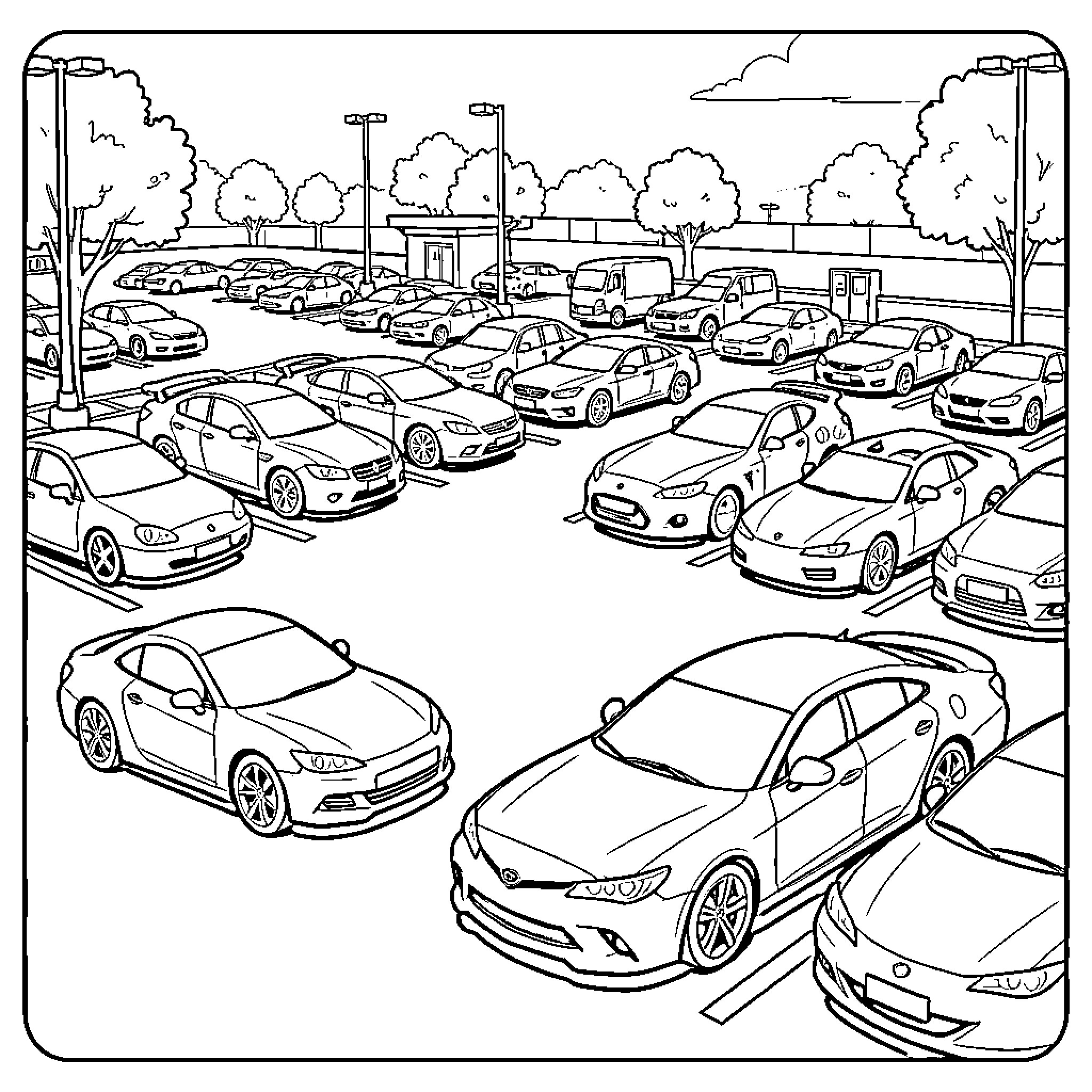 Car parking in a busy outdoor lot Coloring Page (free black-and-white line drawing printable PDF for all, from beginners to advanced learners, including children, teens, adults, and seniors)
