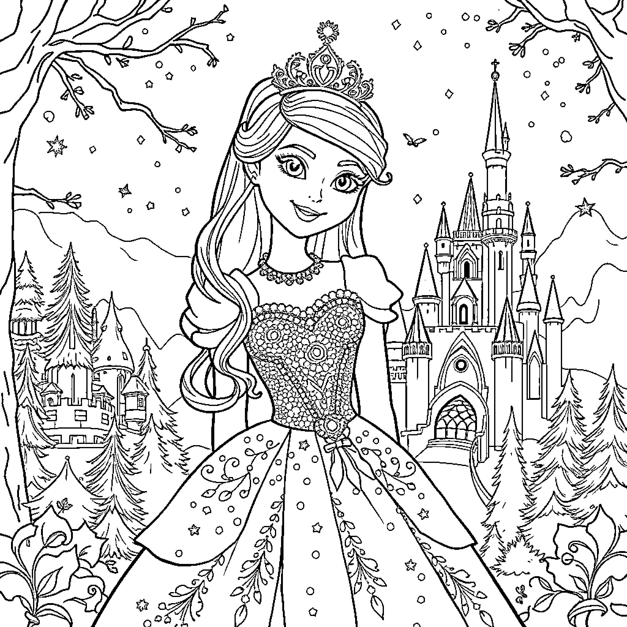 Disney Princess in a Sparkling Winter Wonderland Coloring Page (free black-and-white line drawing printable PDF for all, from beginners to advanced learners, including children, teens, adults, and seniors)