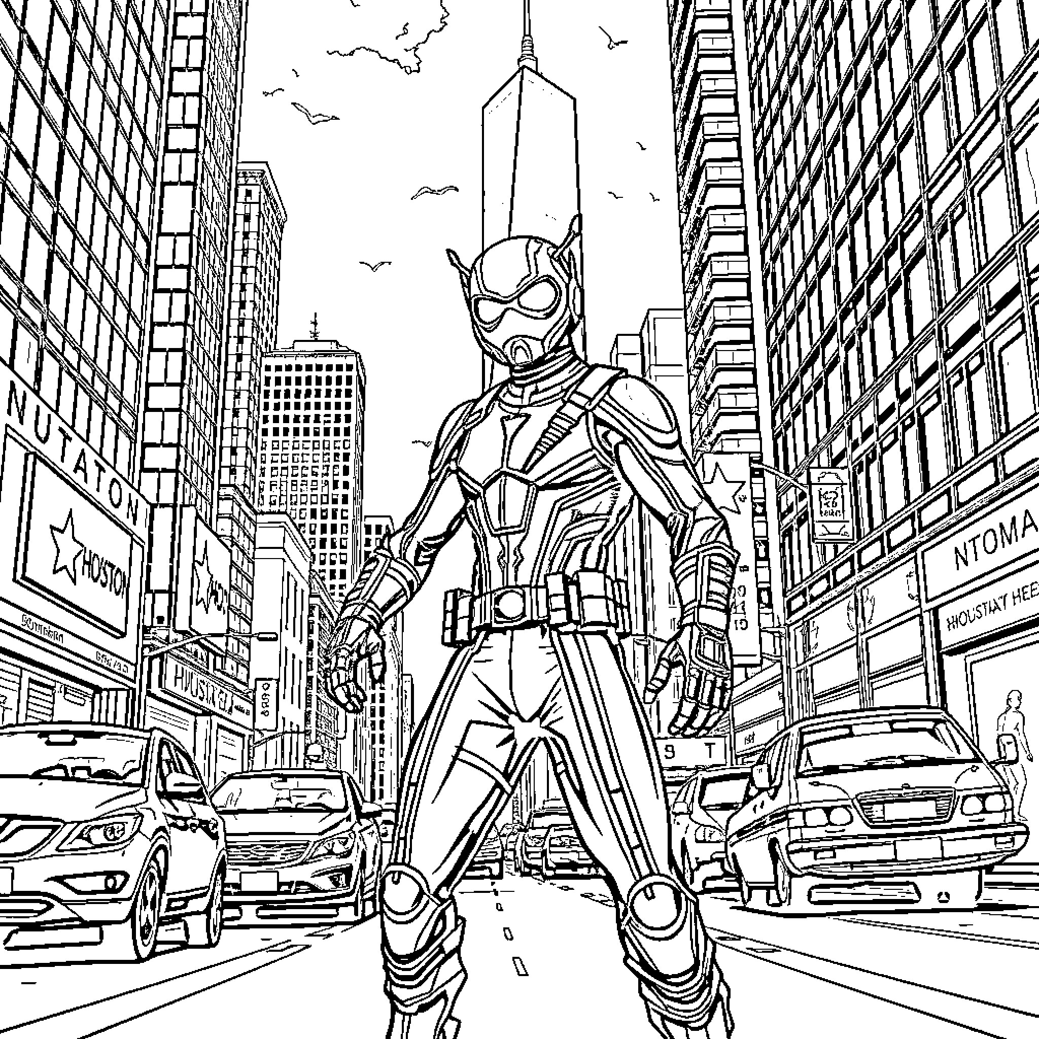 Ant-Man in Action Amid the Bustling City Coloring Page (free black-and-white line drawing printable PDF for all, from beginners to advanced learners, including children, teens, adults, and seniors)