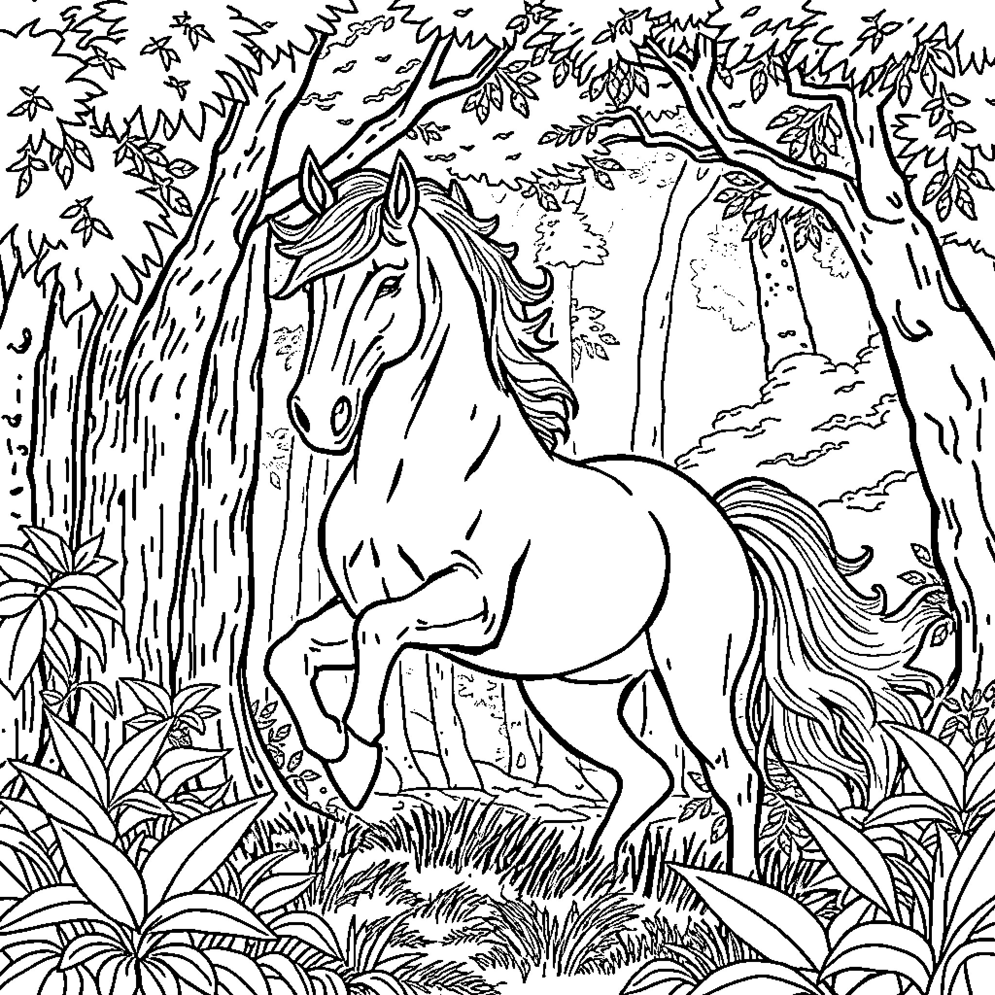 Horse roaming freely in lush forest landscape Coloring Page (free black-and-white line drawing printable PDF for all, from beginners to advanced learners, including children, teens, adults, and seniors)