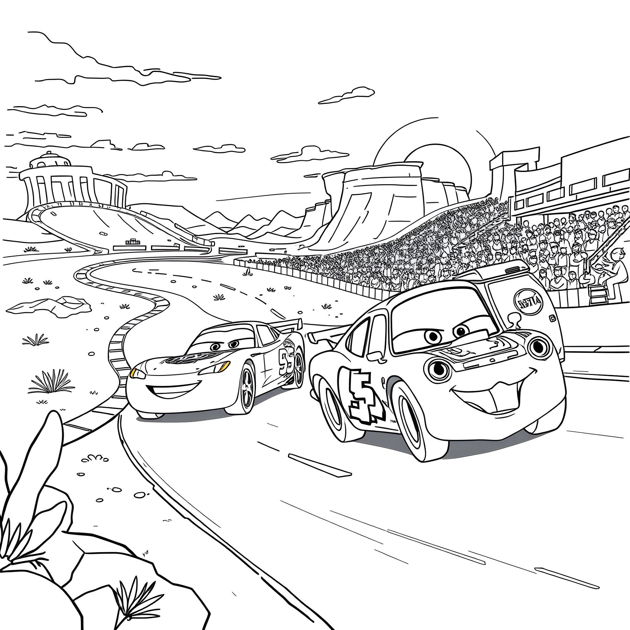 Lightning McQueen and Mater in a Cartoon Racing Scene Coloring Page (free black-and-white line drawing printable PDF for all, from beginners to advanced learners, including children, teens, adults, and seniors)