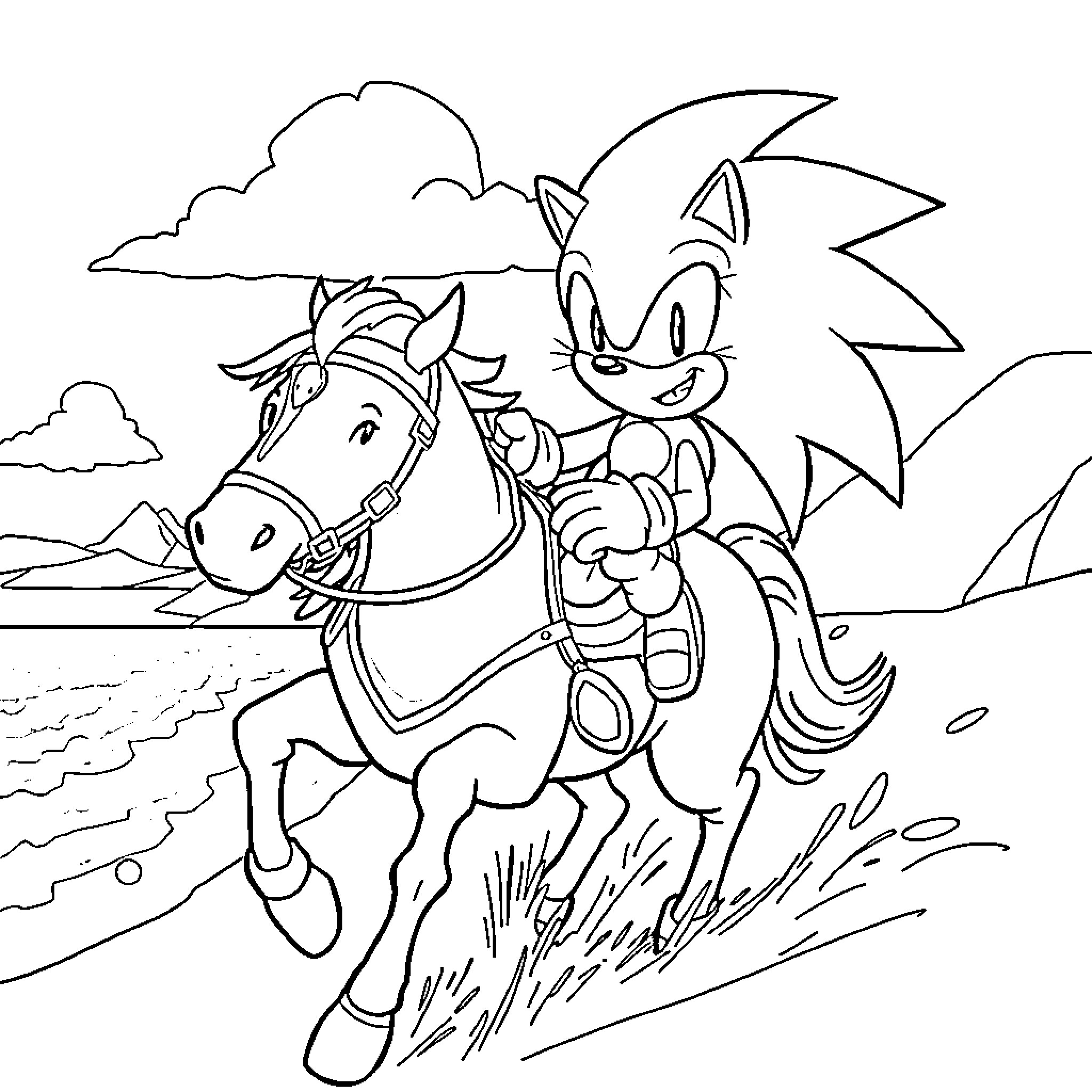 Sonic riding a horse through the countryside Coloring Page (free black-and-white line drawing printable PDF for all, from beginners to advanced learners, including children, teens, adults, and seniors)