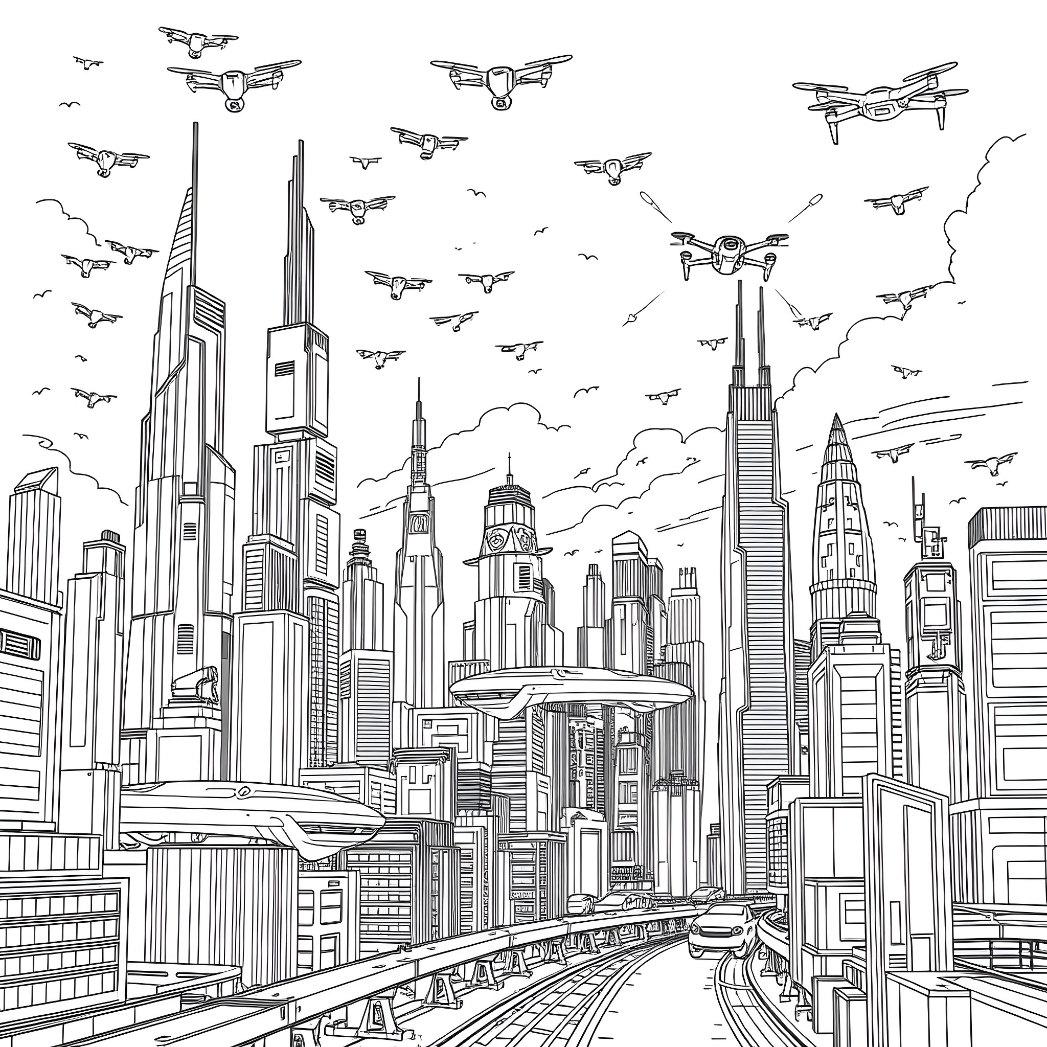 Futuristic Scene of Soaring Cityscape with Hovering Drones Coloring Page (free black-and-white line drawing printable PDF for all, from beginners to advanced learners, including children, teens, adults, and seniors)