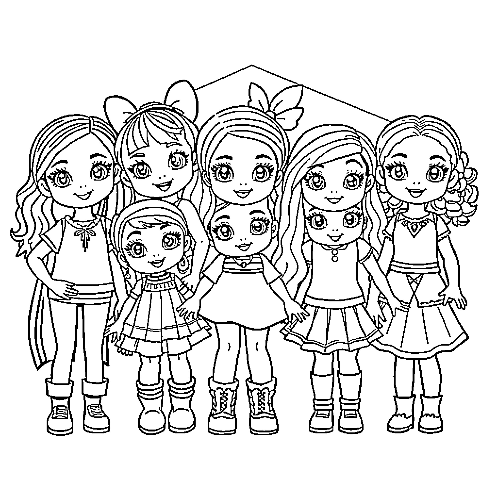 Gabby's Dollhouse: Group of friends in various outfits Coloring Page (free black-and-white line drawing printable PDF for all, from beginners to advanced learners, including children, teens, adults, and seniors)