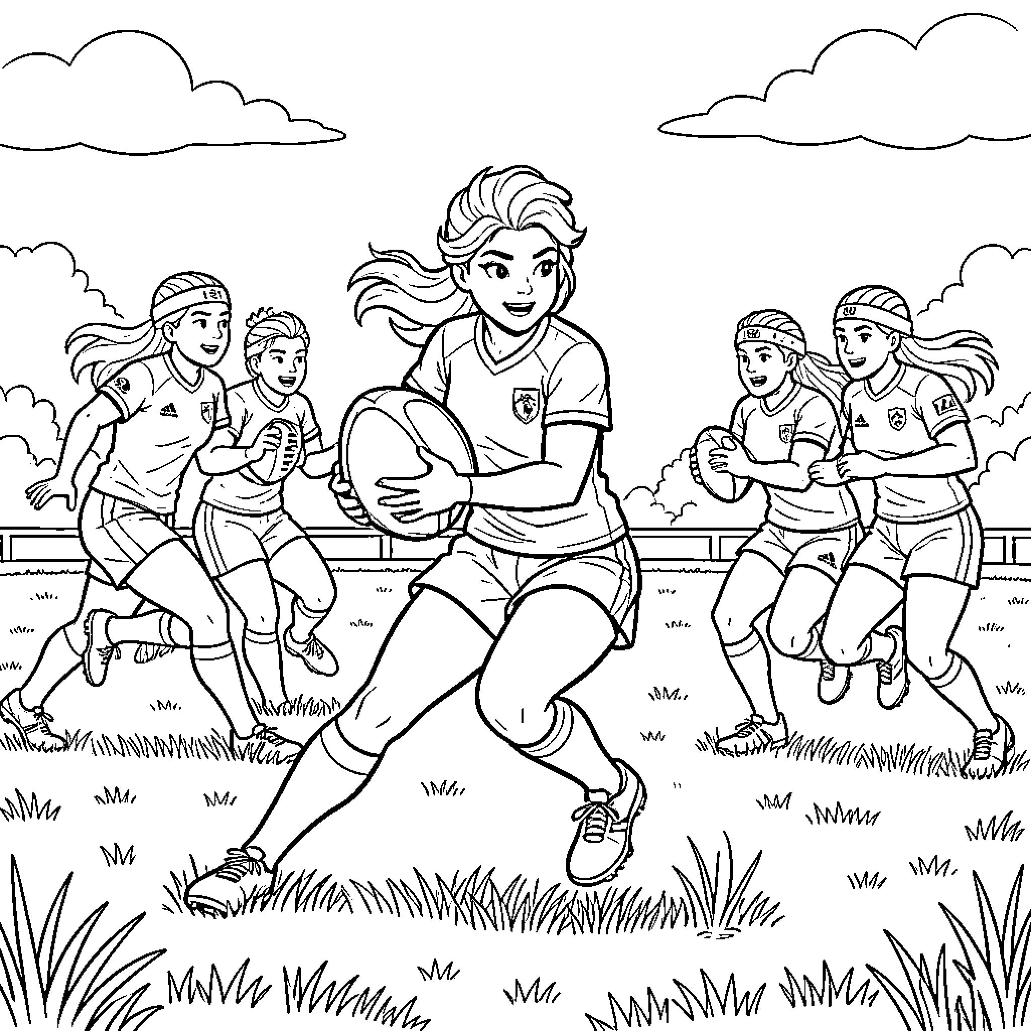 Elsa running with a rugby ball during a match Coloring Page (free black-and-white line drawing printable PDF for all, from beginners to advanced learners, including children, teens, adults, and seniors)
