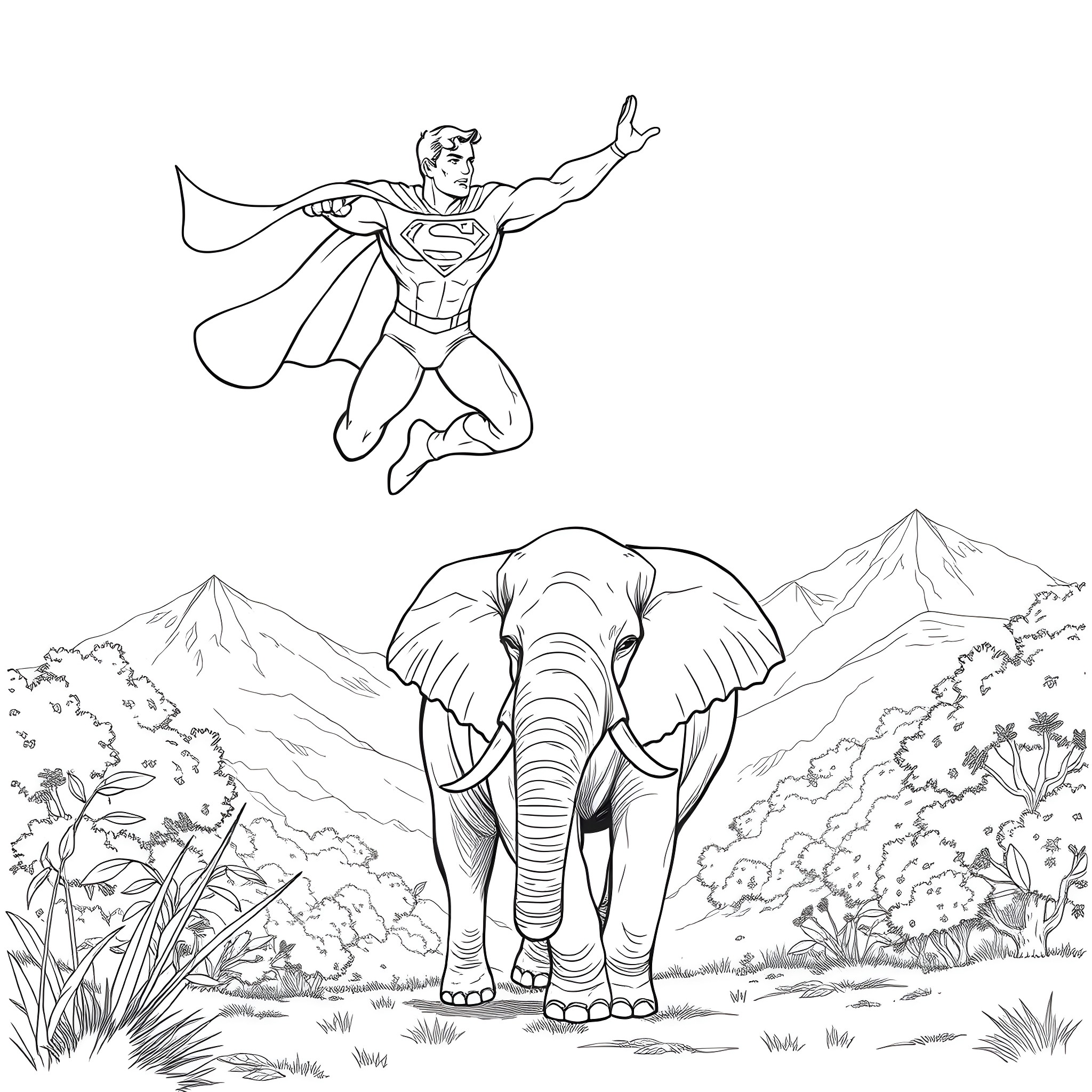 Superman soaring above majestic mountain landscape Coloring Page (free black-and-white line drawing printable PDF for all, from beginners to advanced learners, including children, teens, adults, and seniors)