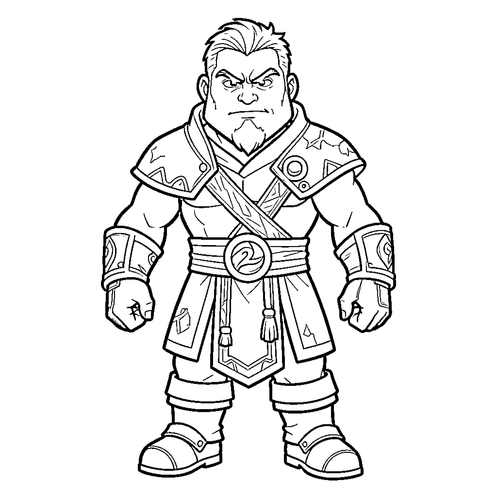 Lloyd standing tall in warrior attire with a fierce expression Coloring Page (free black-and-white line drawing printable PDF for all, from beginners to advanced learners, including children, teens, adults, and seniors)
