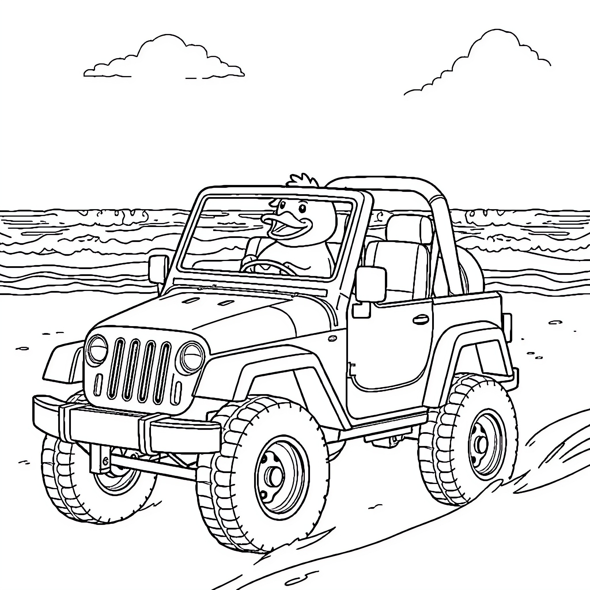 Rubber Duck Jeep Adventure by the Beach Coloring Page (free black-and-white line drawing printable PDF for all, from beginners to advanced learners, including children, teens, adults, and seniors)
