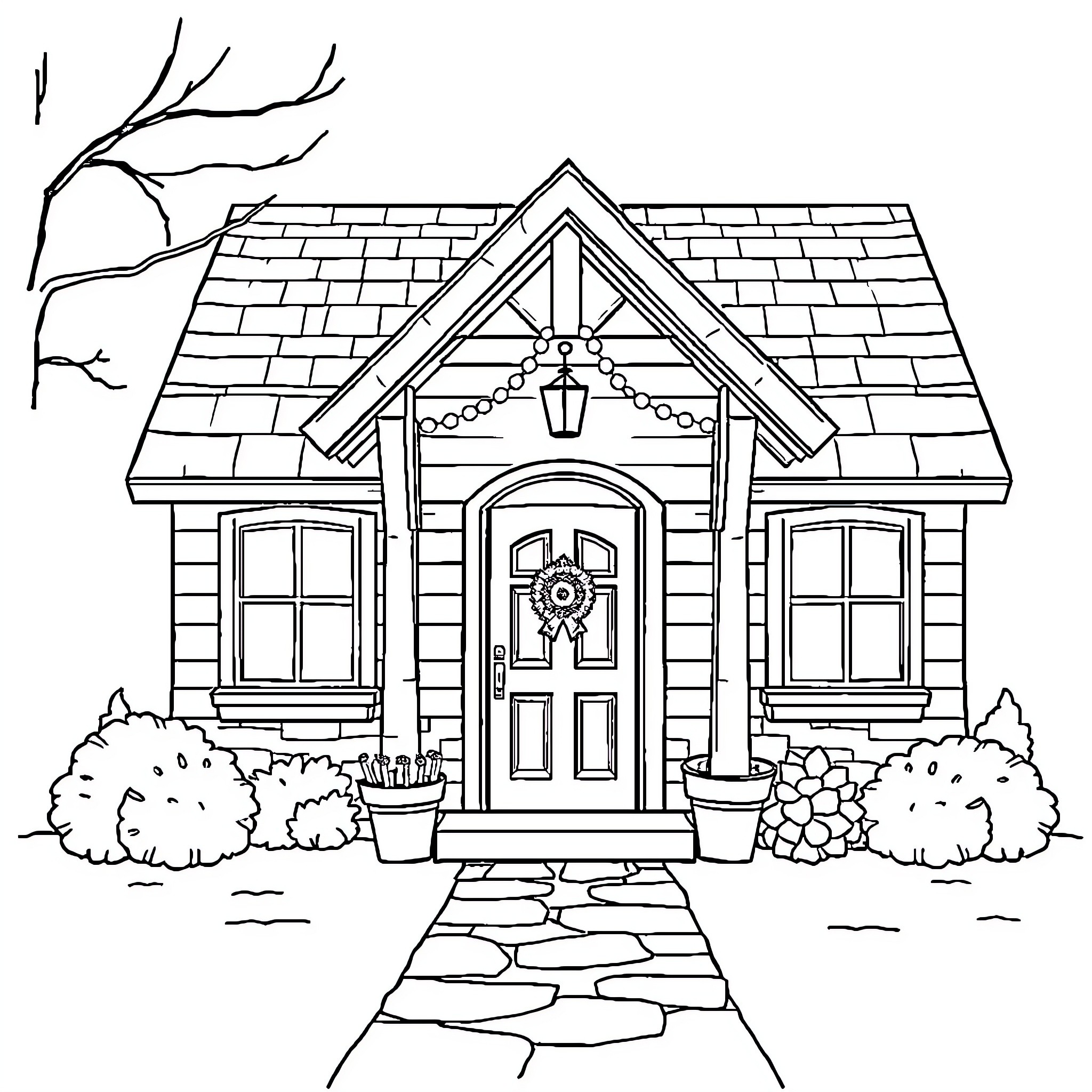 Home with cozy entrance and decorative elements Coloring Page (free black-and-white line drawing printable PDF for all, from beginners to advanced learners, including children, teens, adults, and seniors)