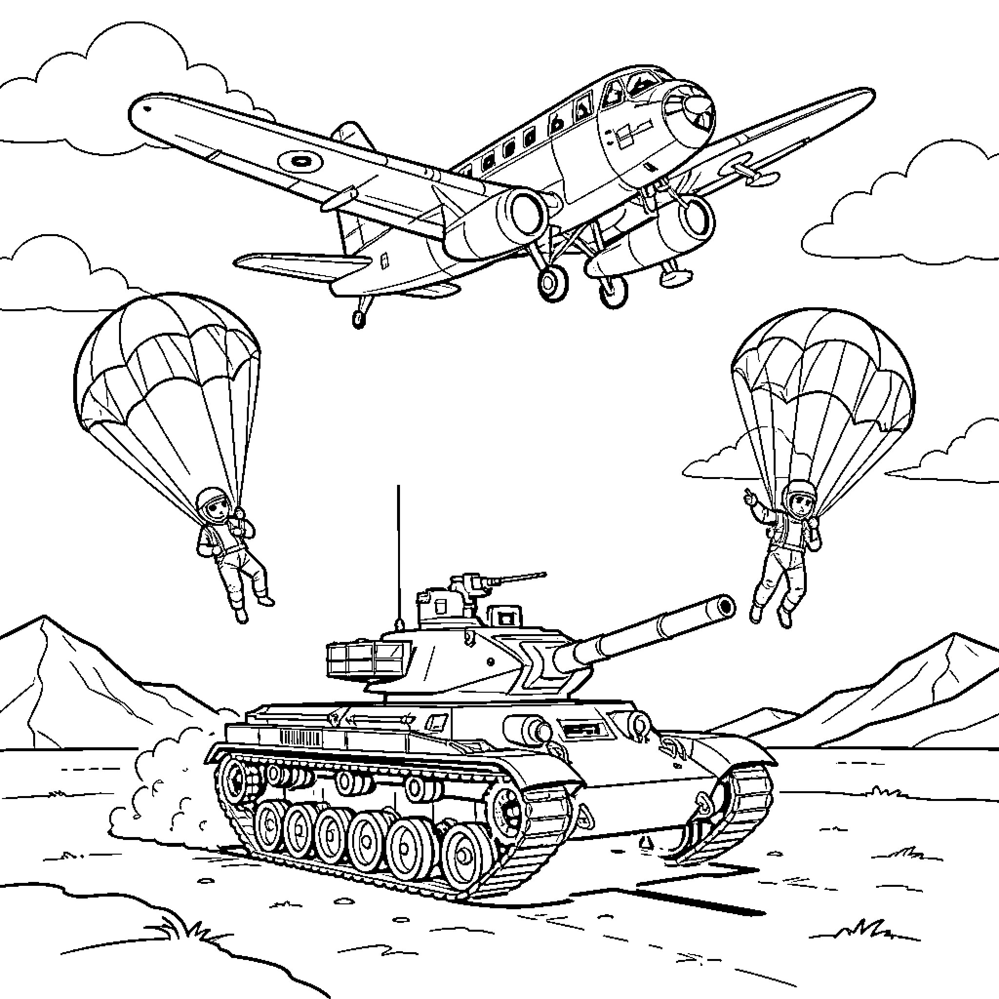 Tank advancing while soldiers parachute from an airplane Coloring Page (free black-and-white line drawing printable PDF for all, from beginners to advanced learners, including children, teens, adults, and seniors)