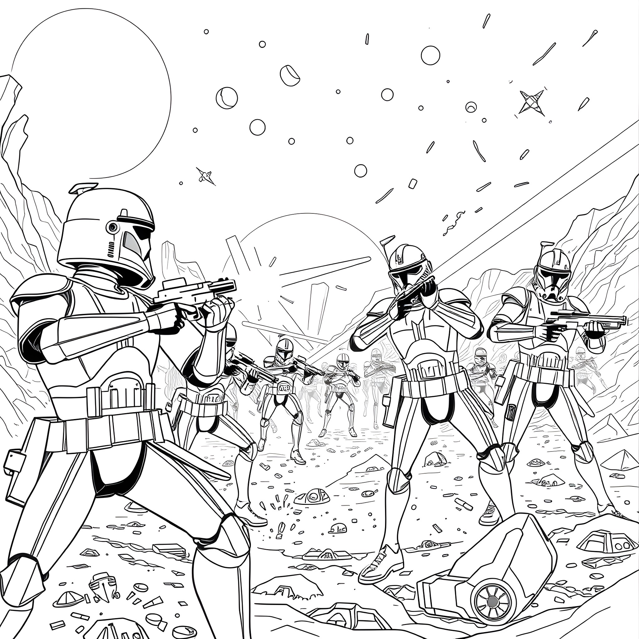 Clone Troopers in Action on Alien Battlefield Coloring Page (free black-and-white line drawing printable PDF for all, from beginners to advanced learners, including children, teens, adults, and seniors)