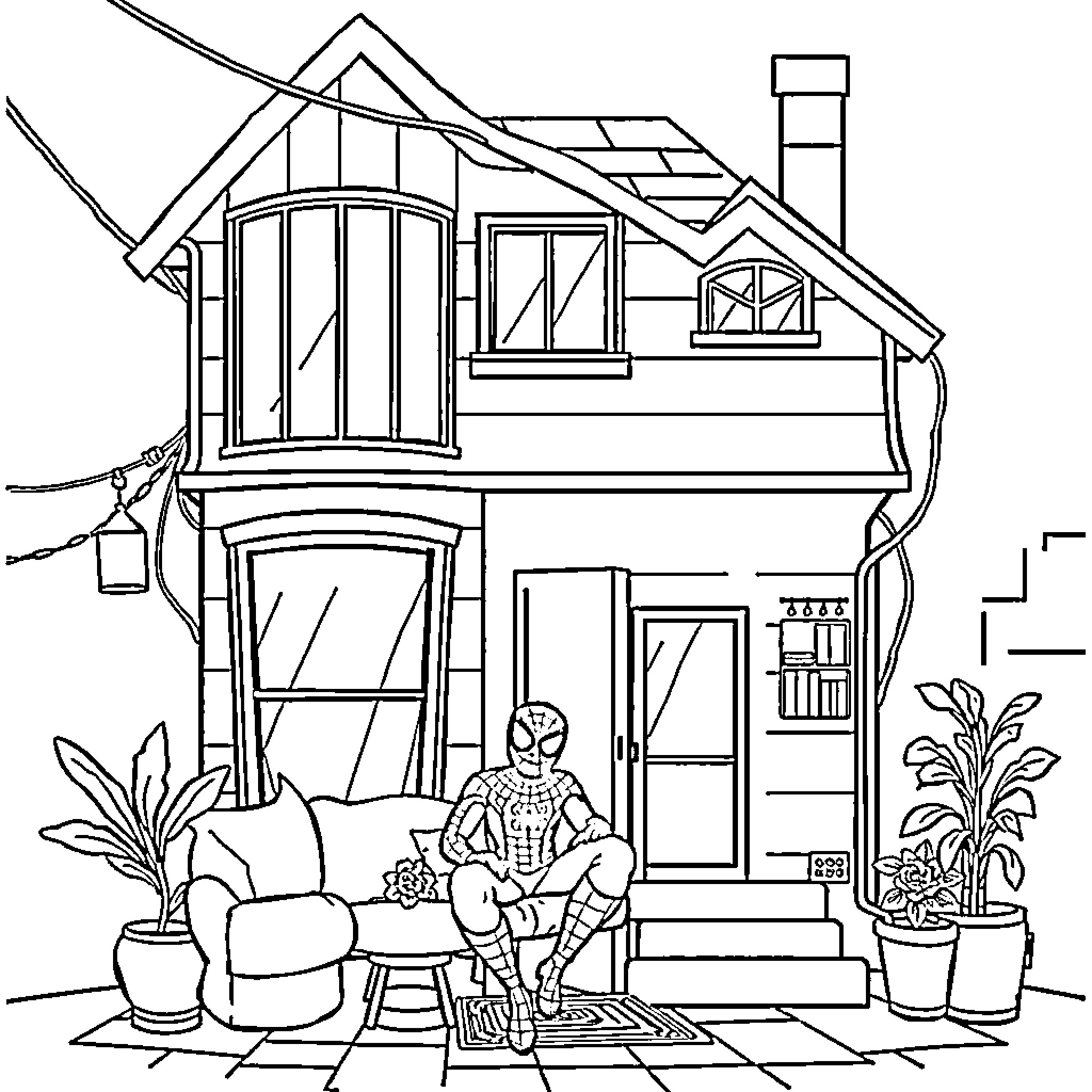 Spider-Man relaxing at home Coloring Page (free black-and-white line drawing printable PDF for all, from beginners to advanced learners, including children, teens, adults, and seniors)
