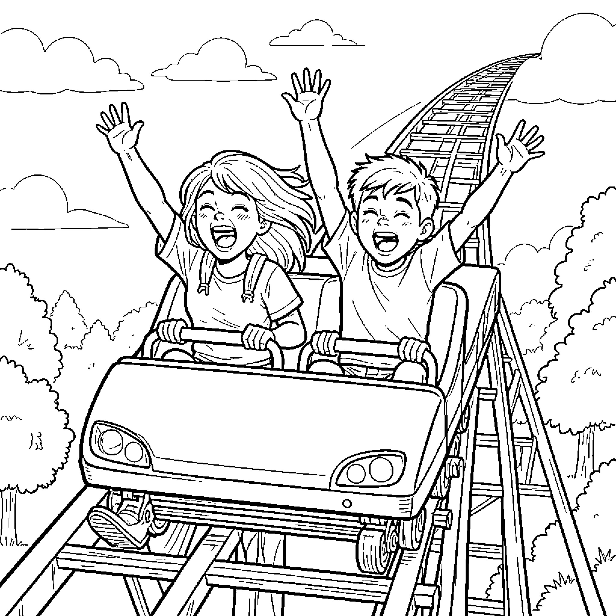 Girl and Boy cheering while riding a roller coaster Coloring Page (free black-and-white line drawing printable PDF for all, from beginners to advanced learners, including children, teens, adults, and seniors)