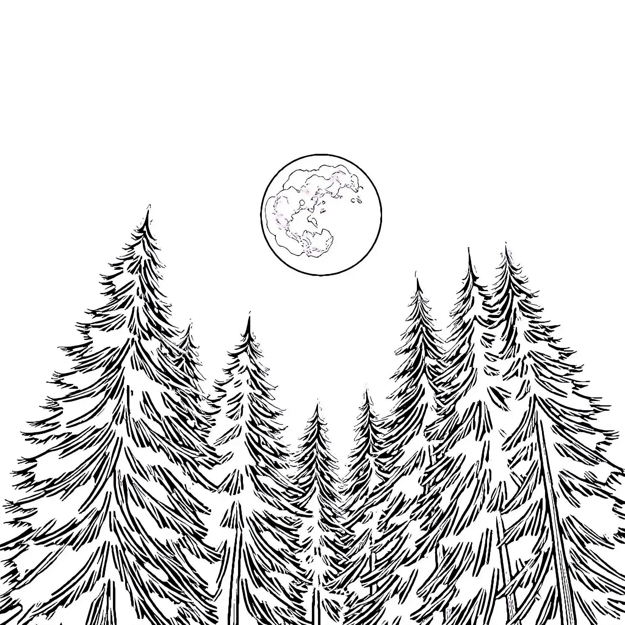 Moon night in the snowy forest Coloring Page (free black-and-white line drawing printable PDF for all, from beginners to advanced learners, including children, teens, adults, and seniors)
