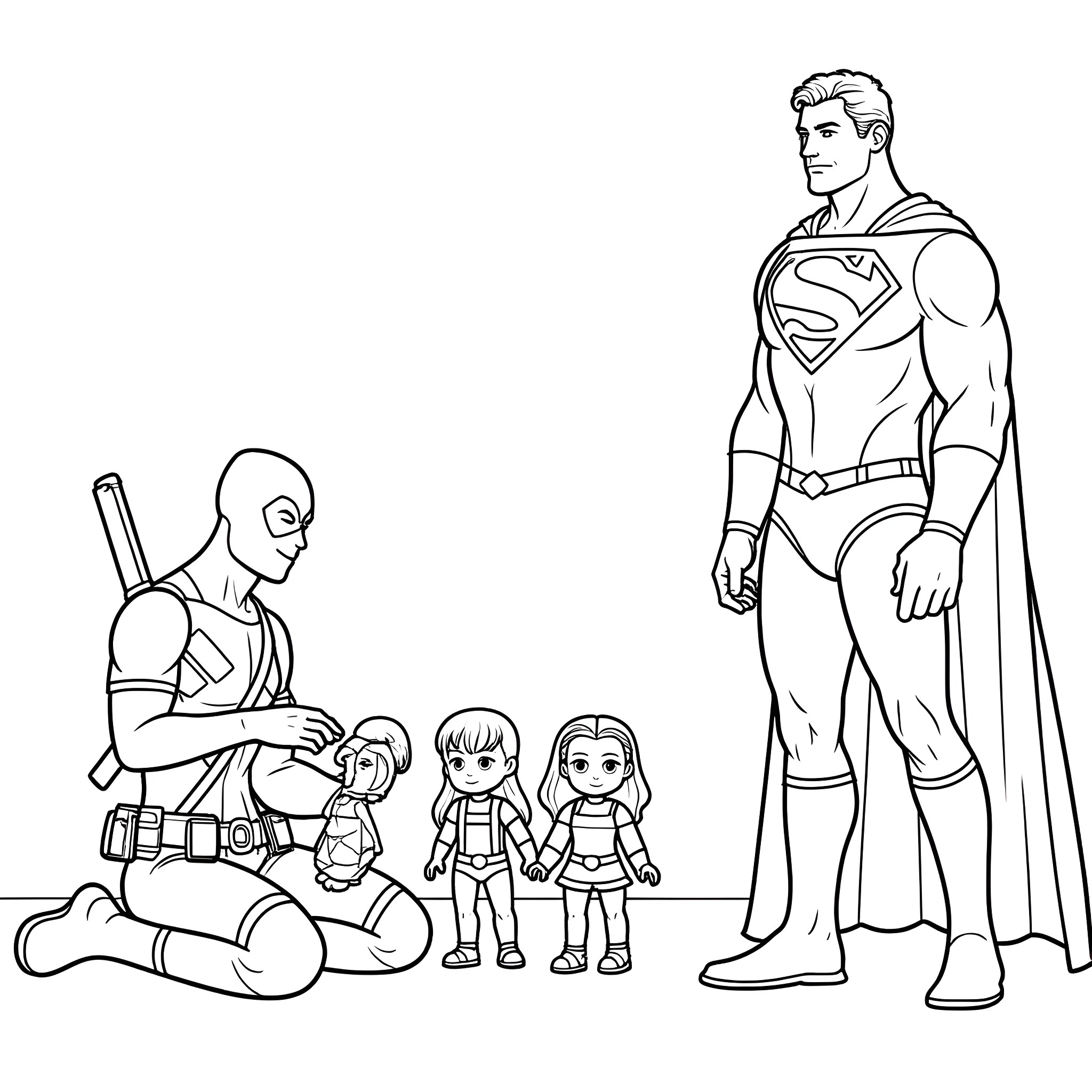 Deadpool and Superman interact with young superheroes Coloring Page (free black-and-white line drawing printable PDF for all, from beginners to advanced learners, including children, teens, adults, and seniors)
