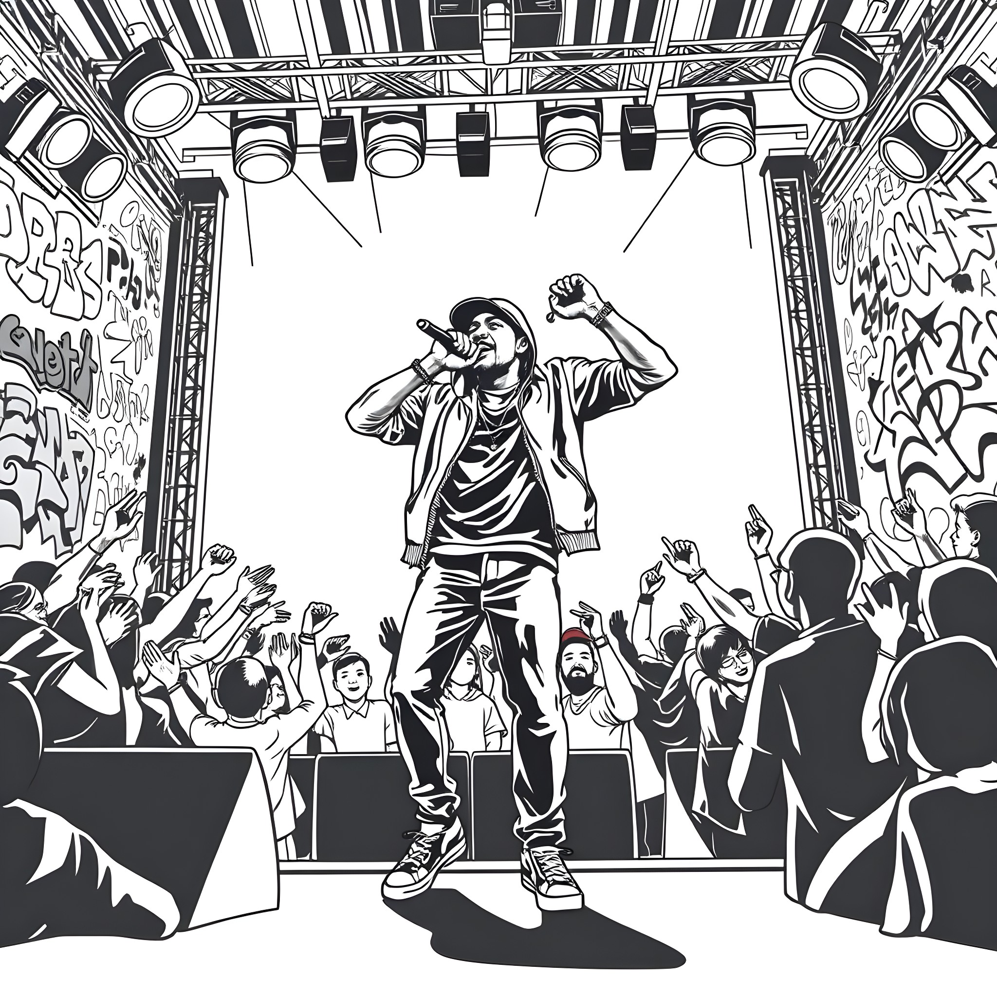 Rapper performing energetically on stage with cheering crowd Coloring Page (free black-and-white line drawing printable PDF for all, from beginners to advanced learners, including children, teens, adults, and seniors)