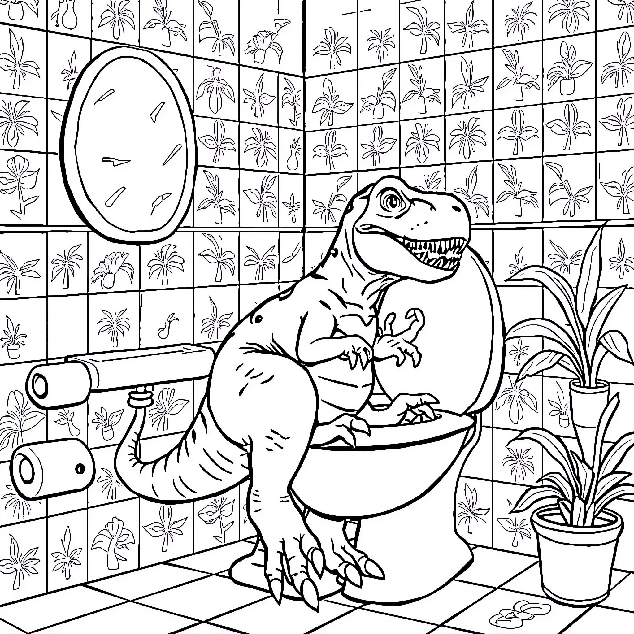 T-Rex Using the Toilet Amid Tropical Plants Coloring Page (free black-and-white line drawing printable PDF for all, from beginners to advanced learners, including children, teens, adults, and seniors)