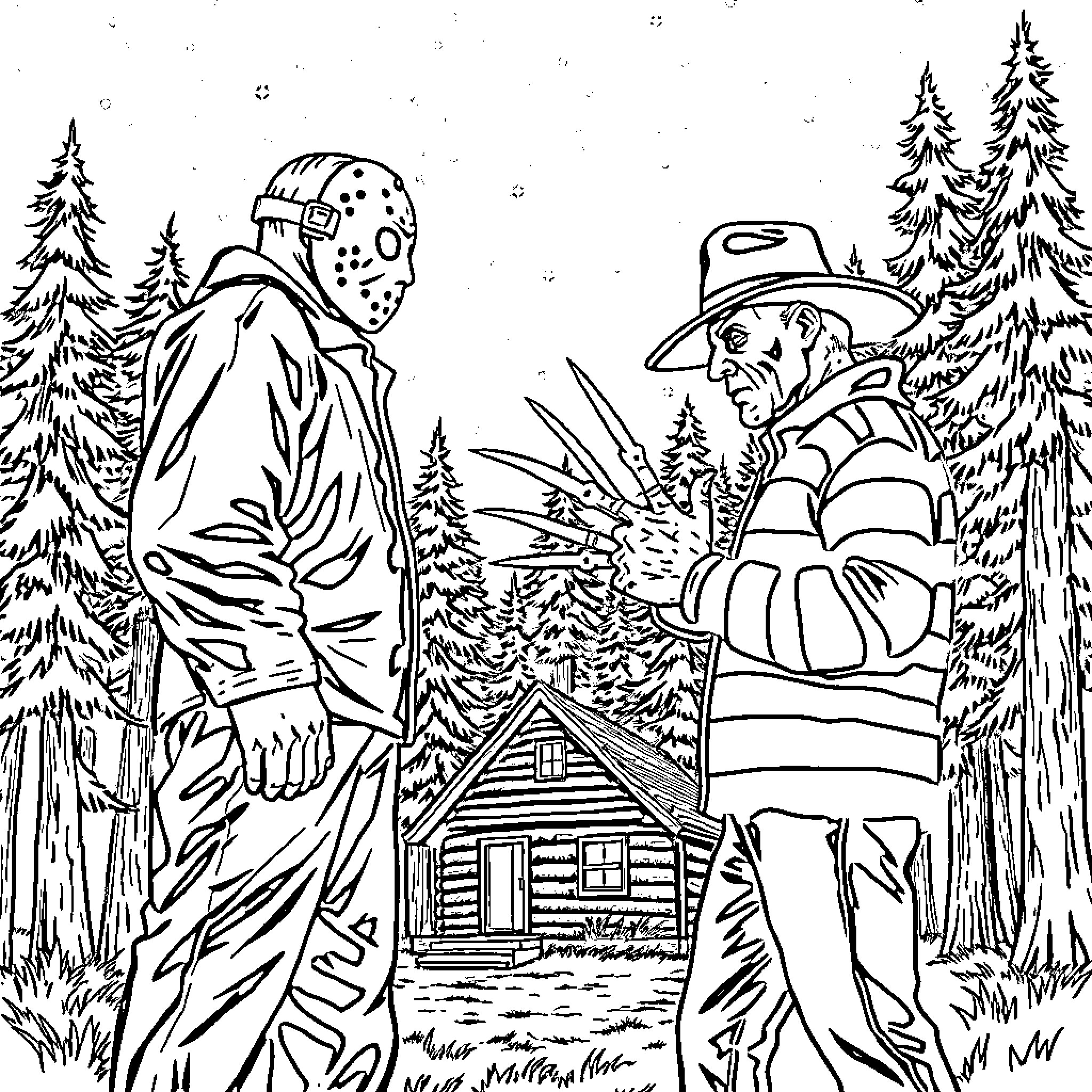 Jason Voorhees and Freddy Krueger in the woods near a cabin Coloring Page (free black-and-white line drawing printable PDF for all, from beginners to advanced learners, including children, teens, adults, and seniors)