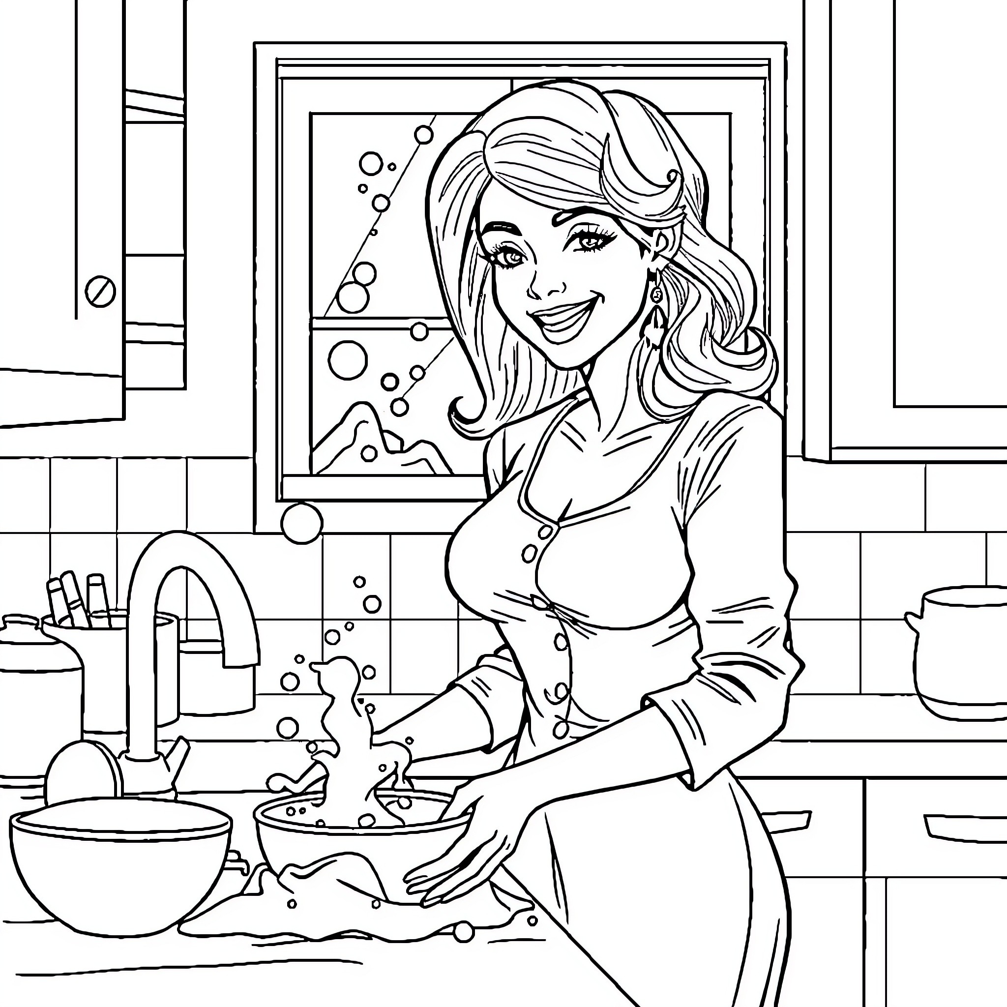 Mom cooking a delicious meal in the kitchen Coloring Page (free black-and-white line drawing printable PDF for all, from beginners to advanced learners, including children, teens, adults, and seniors)