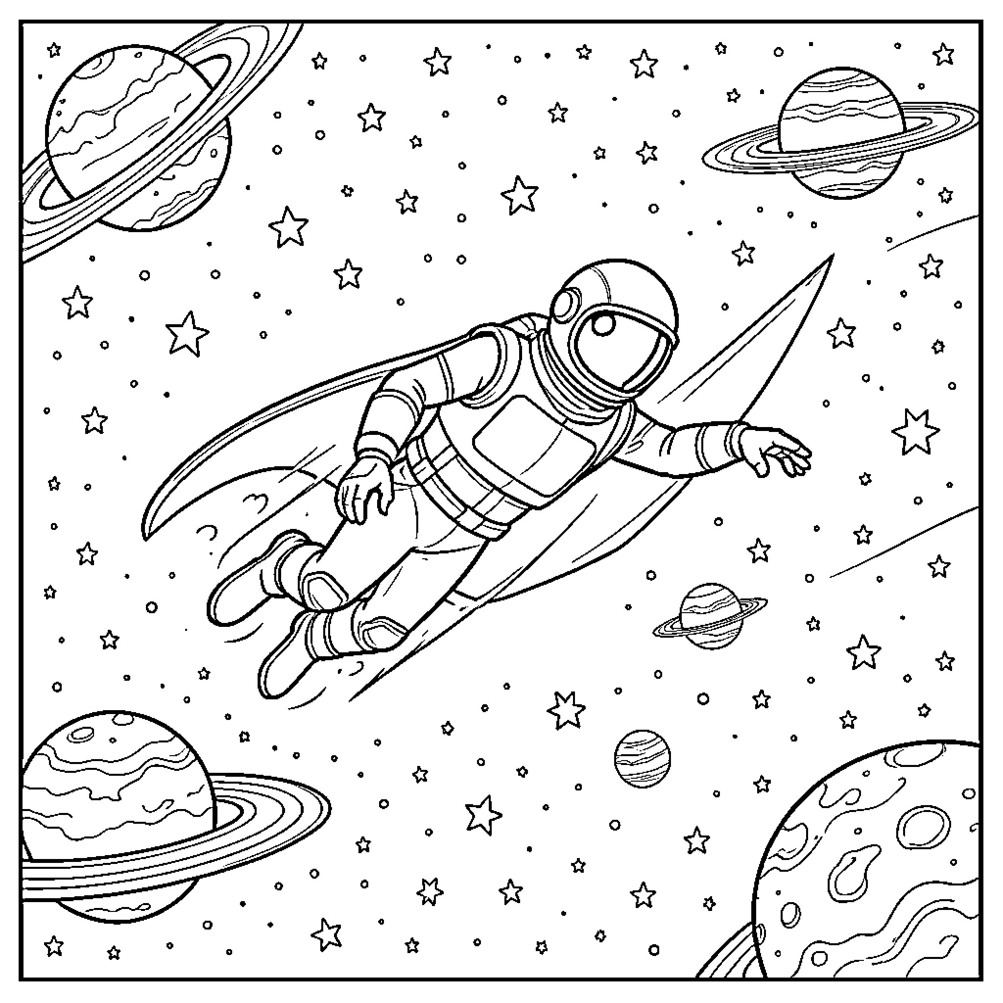 Speederman floating through a vast space filled with planets Coloring Page (free black-and-white line drawing printable PDF for all, from beginners to advanced learners, including children, teens, adults, and seniors)