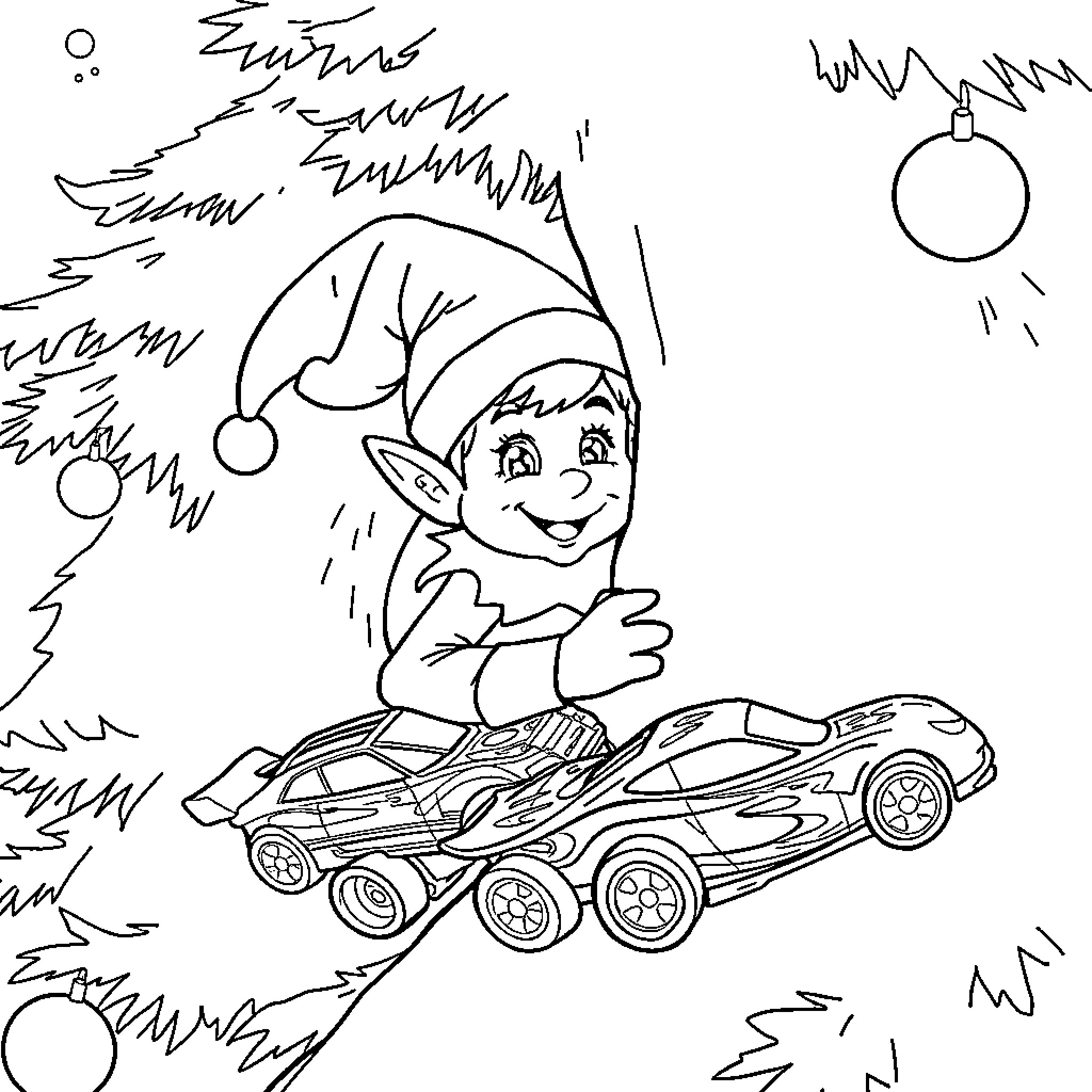 Elf driving toy car in winter wonderland Coloring Page (free black-and-white line drawing printable PDF for all, from beginners to advanced learners, including children, teens, adults, and seniors)
