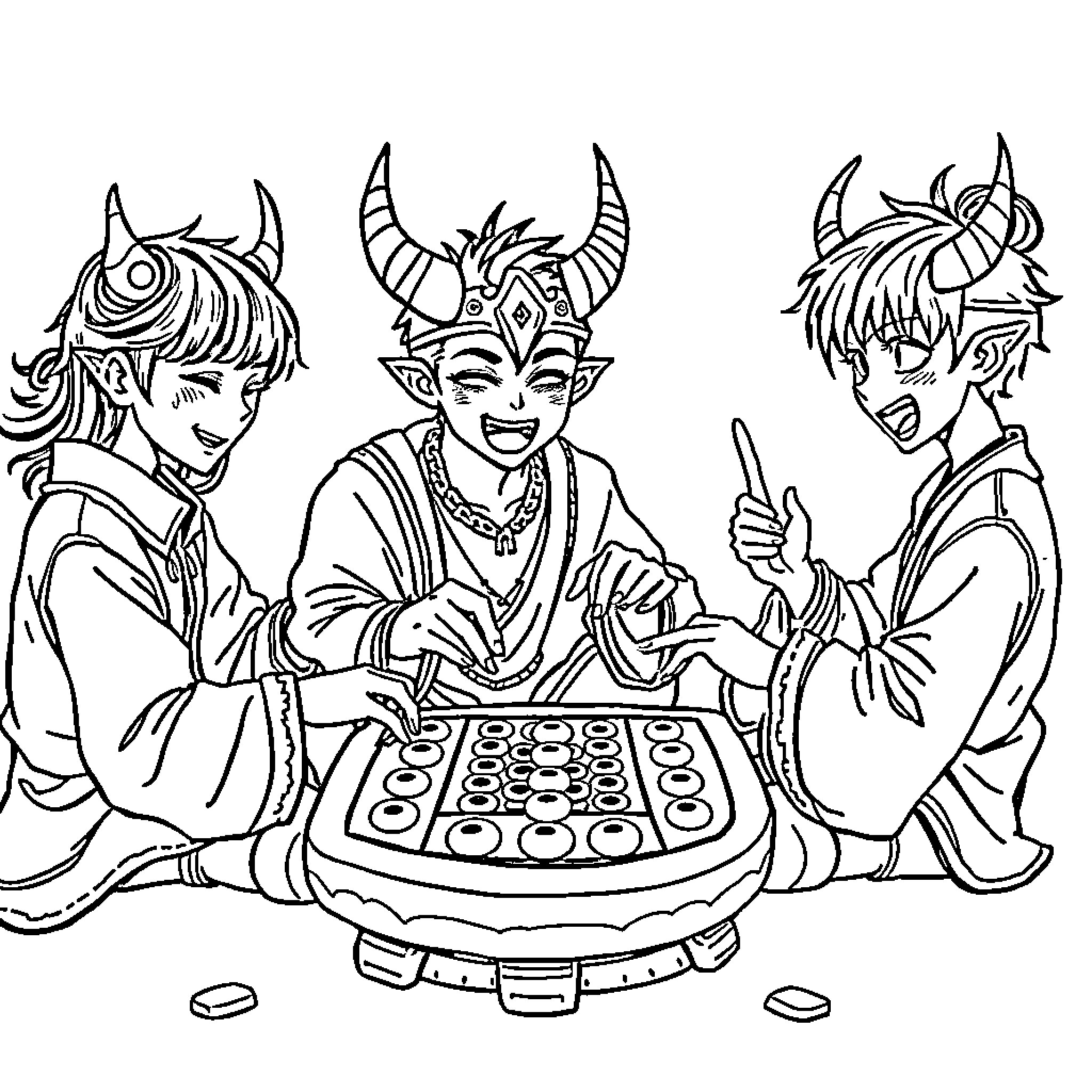 Demon Hunter Trio Playing a Board Game Coloring Page (free black-and-white line drawing printable PDF for all, from beginners to advanced learners, including children, teens, adults, and seniors)