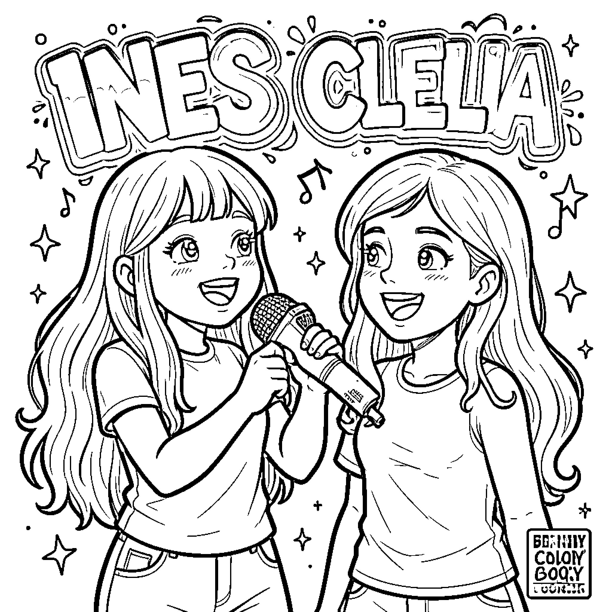 Little Girls Singing and Performing on Stage Coloring Page (free black-and-white line drawing printable PDF for all, from beginners to advanced learners, including children, teens, adults, and seniors)