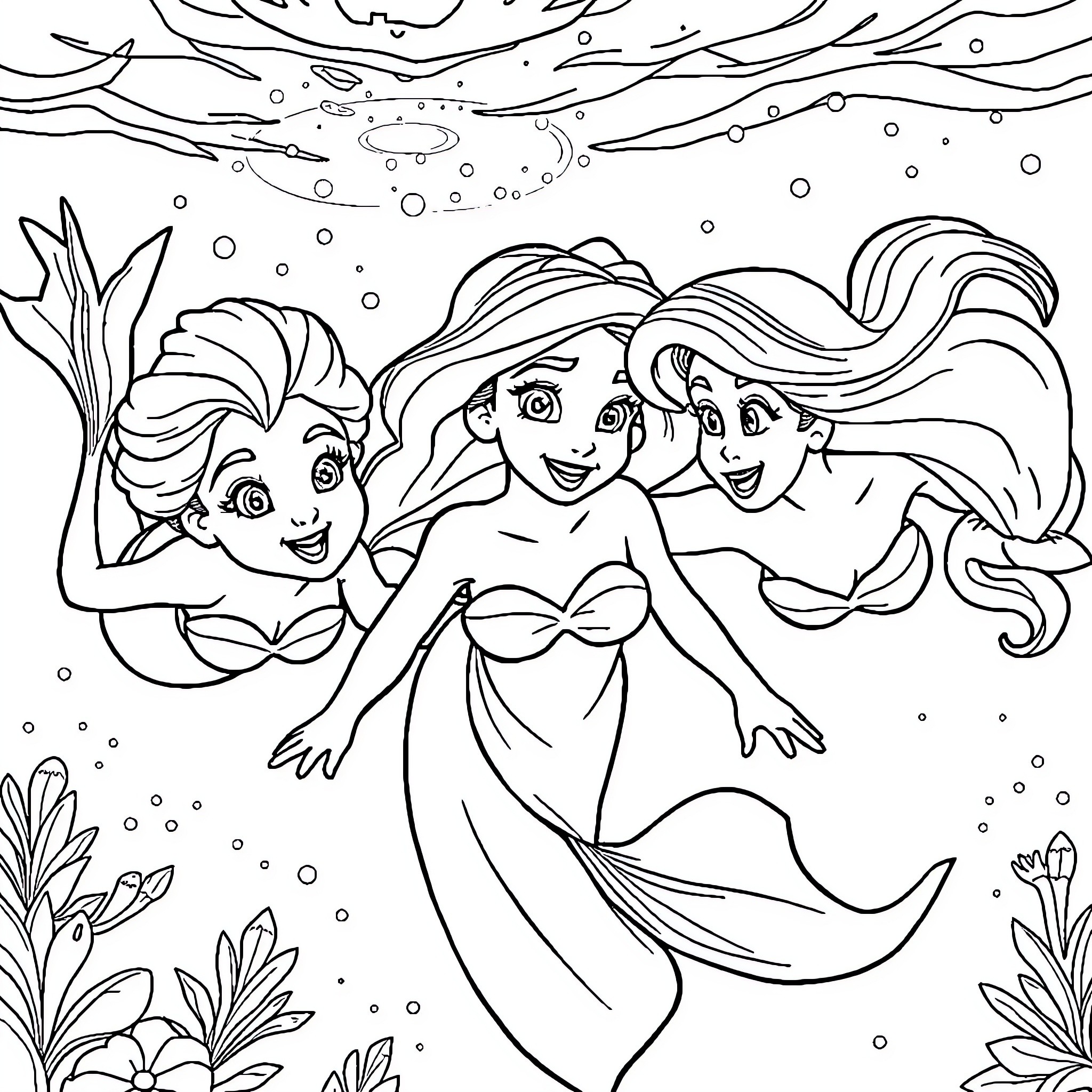 Ariel and her mermaid friends exploring the underwater world Coloring Page (free black-and-white line drawing printable PDF for all, from beginners to advanced learners, including children, teens, adults, and seniors)