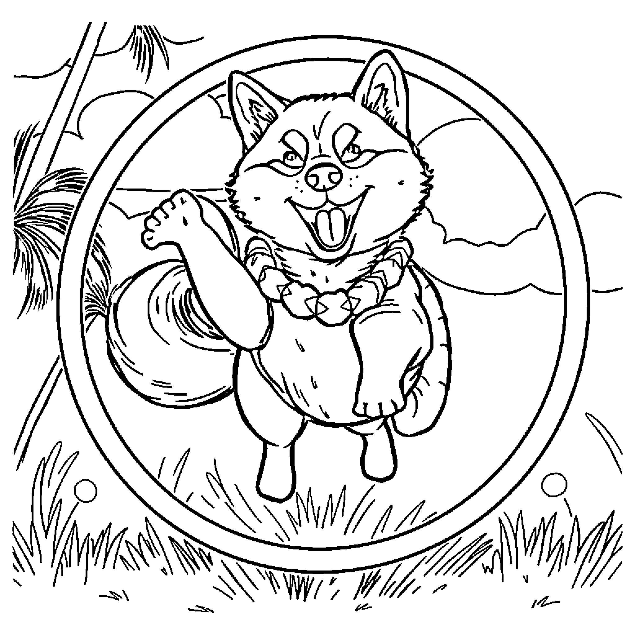 Shiba Inu jumping happily in nature Coloring Page (free black-and-white line drawing printable PDF for all, from beginners to advanced learners, including children, teens, adults, and seniors)