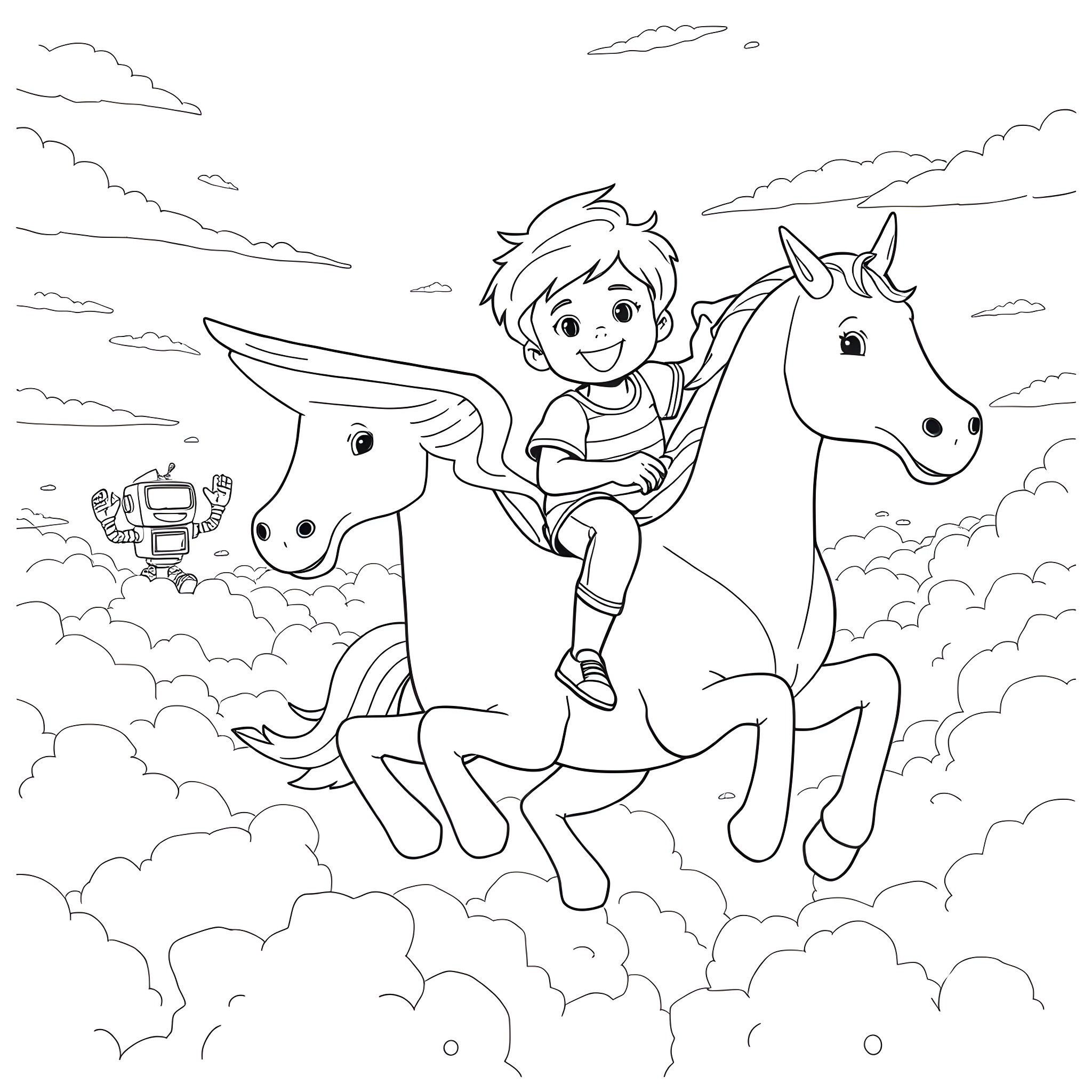 Boy riding magical unicorns in the sky Coloring Page (free black-and-white line drawing printable PDF for all, from beginners to advanced learners, including children, teens, adults, and seniors)