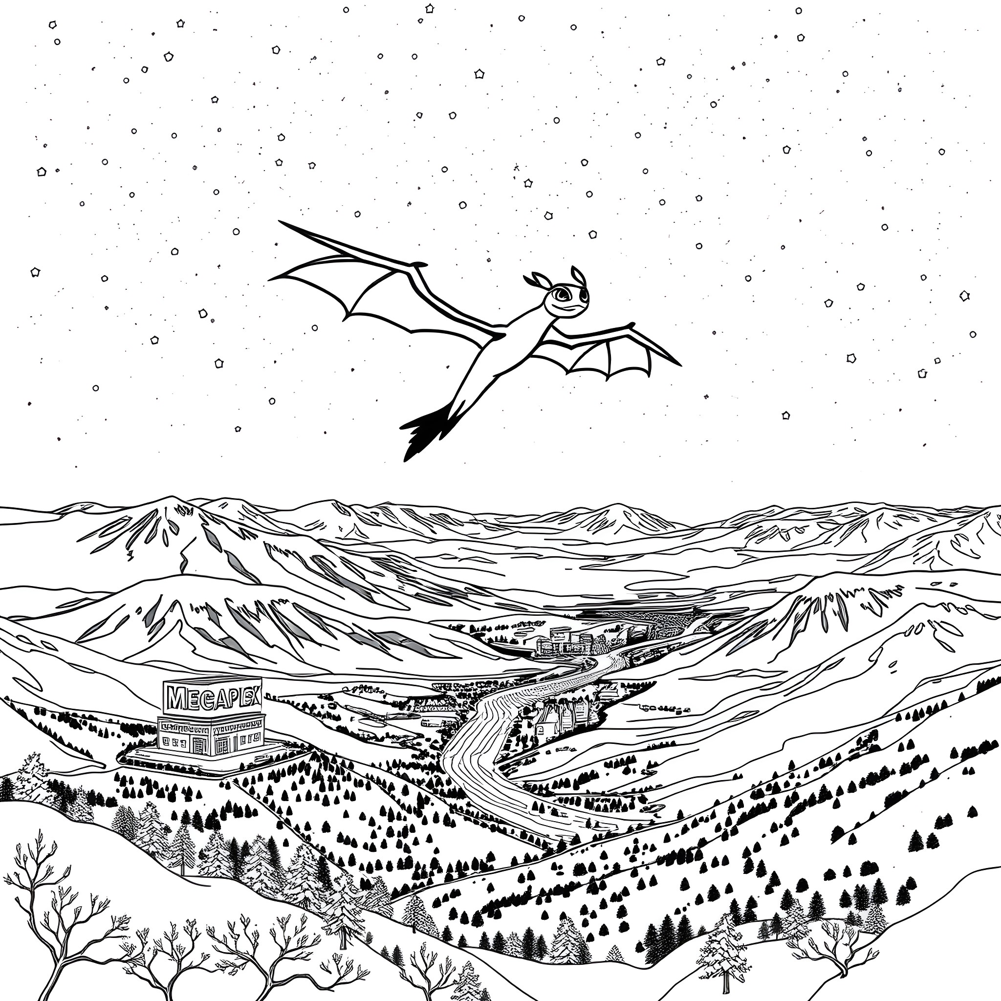 Toothless soaring over the wintery mountain landscape Coloring Page (free black-and-white line drawing printable PDF for all, from beginners to advanced learners, including children, teens, adults, and seniors)