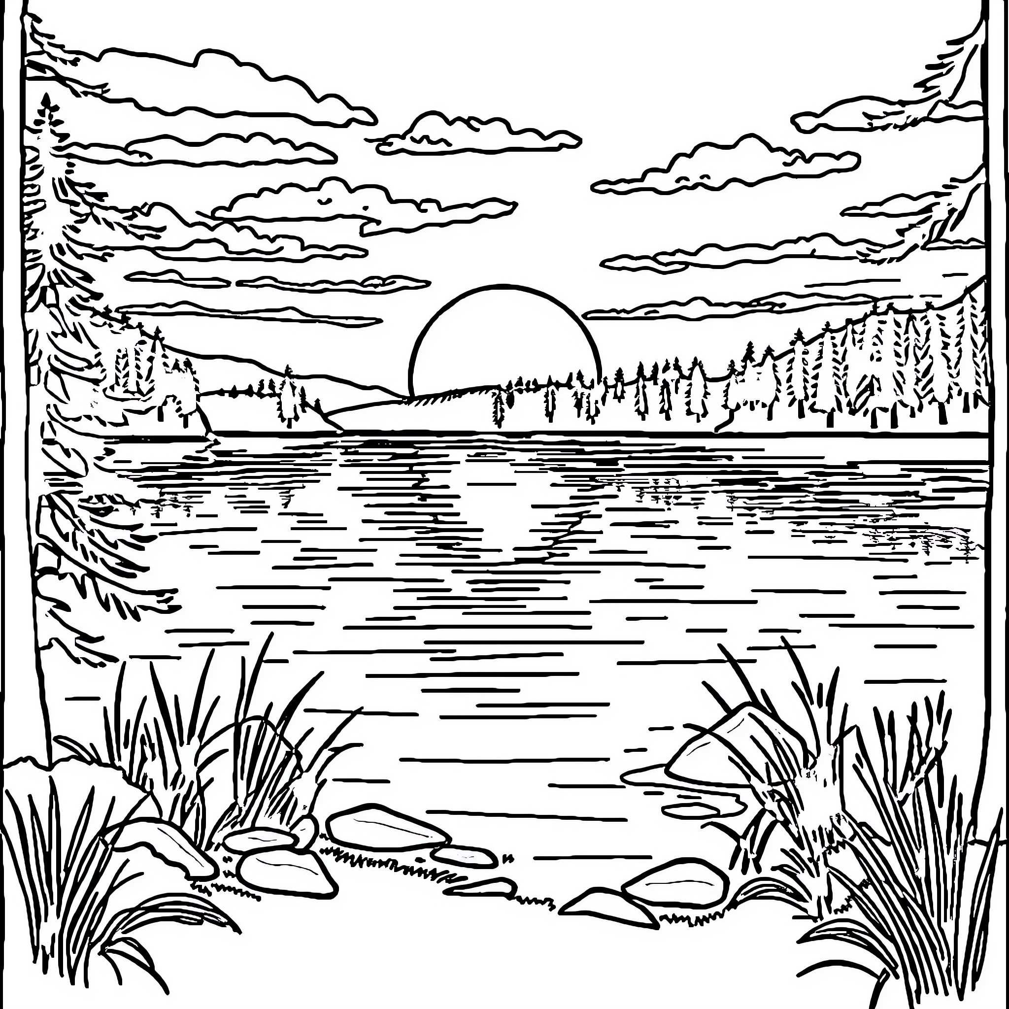 Drawing of a scenic landscape with a lake, mountains, and clouds Coloring Page (free black-and-white line drawing printable PDF for all, from beginners to advanced learners, including children, teens, adults, and seniors)