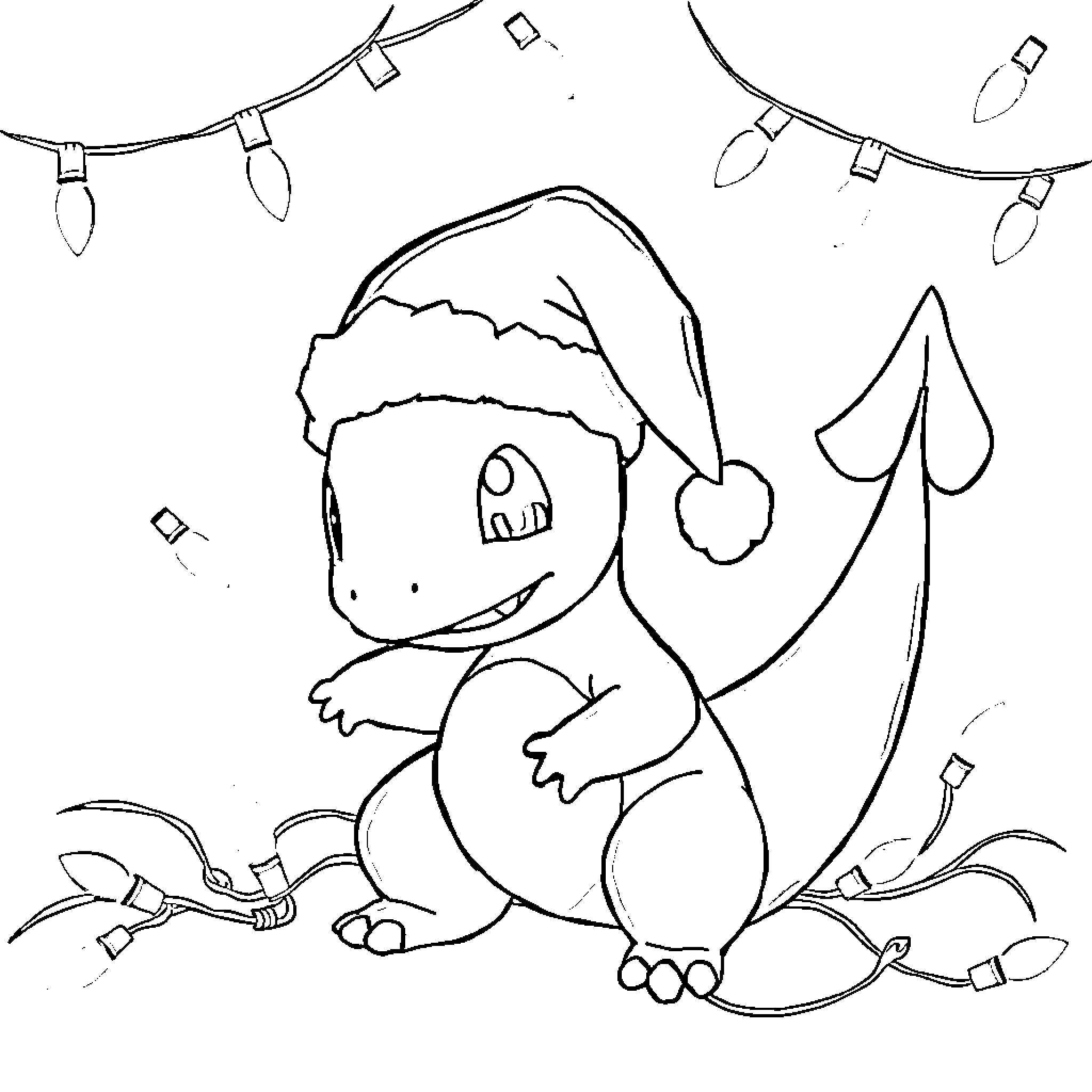 Charmander celebrating with holiday lights Coloring Page (free black-and-white line drawing printable PDF for all, from beginners to advanced learners, including children, teens, adults, and seniors)