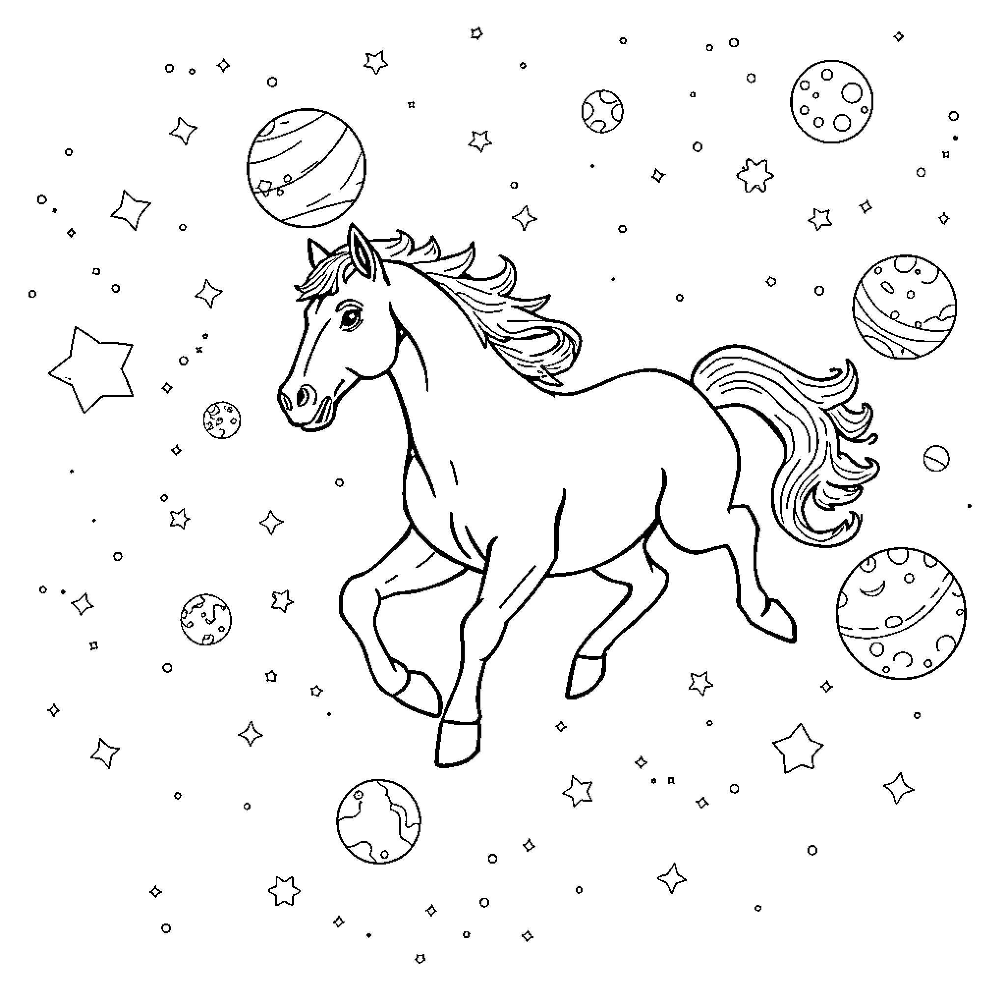 Horse galloping through the starry night sky Coloring Page (free black-and-white line drawing printable PDF for all, from beginners to advanced learners, including children, teens, adults, and seniors)