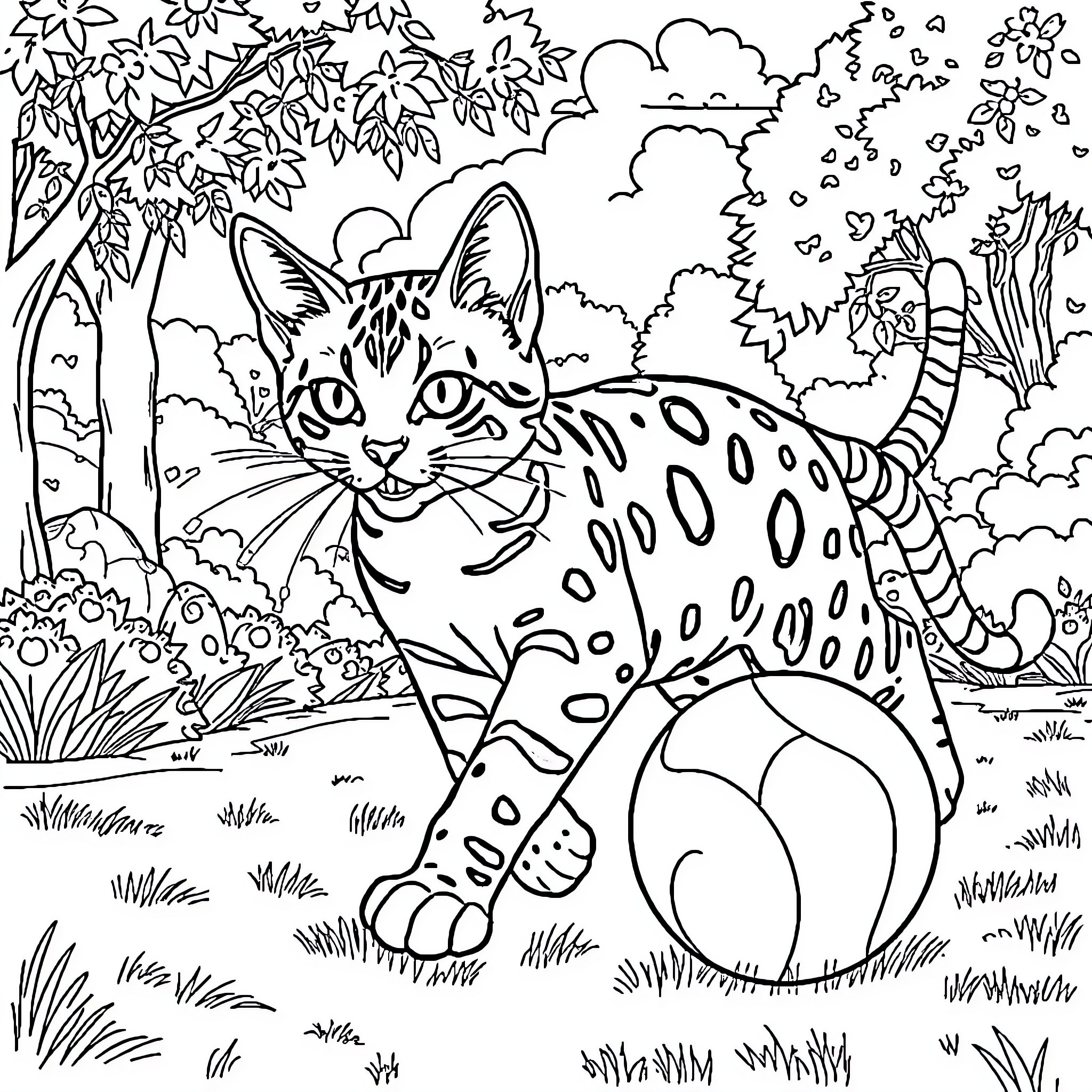 Bengal Cat Exploring the Lush Forest Landscape Coloring Page (free black-and-white line drawing printable PDF for all, from beginners to advanced learners, including children, teens, adults, and seniors)