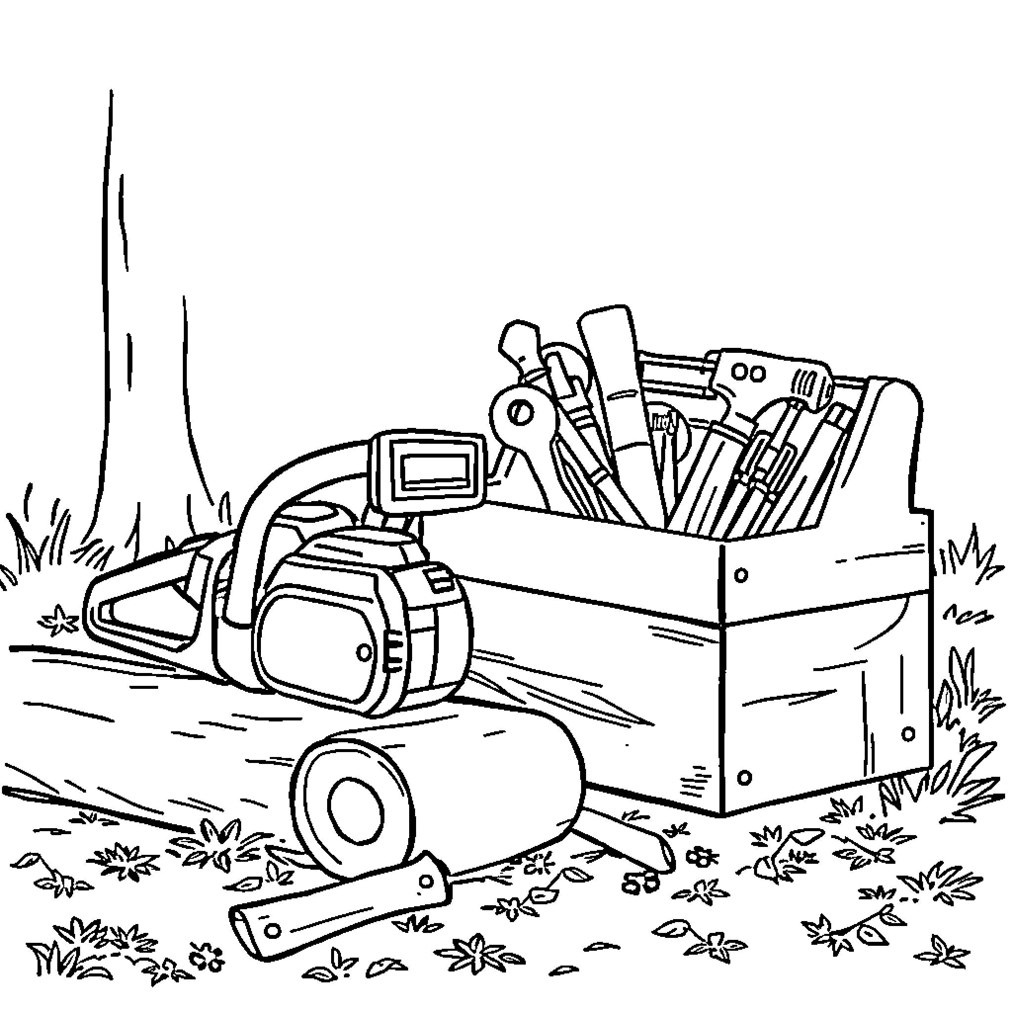 Chainsaw and toolbox in the wilderness Coloring Page (free black-and-white line drawing printable PDF for all, from beginners to advanced learners, including children, teens, adults, and seniors)