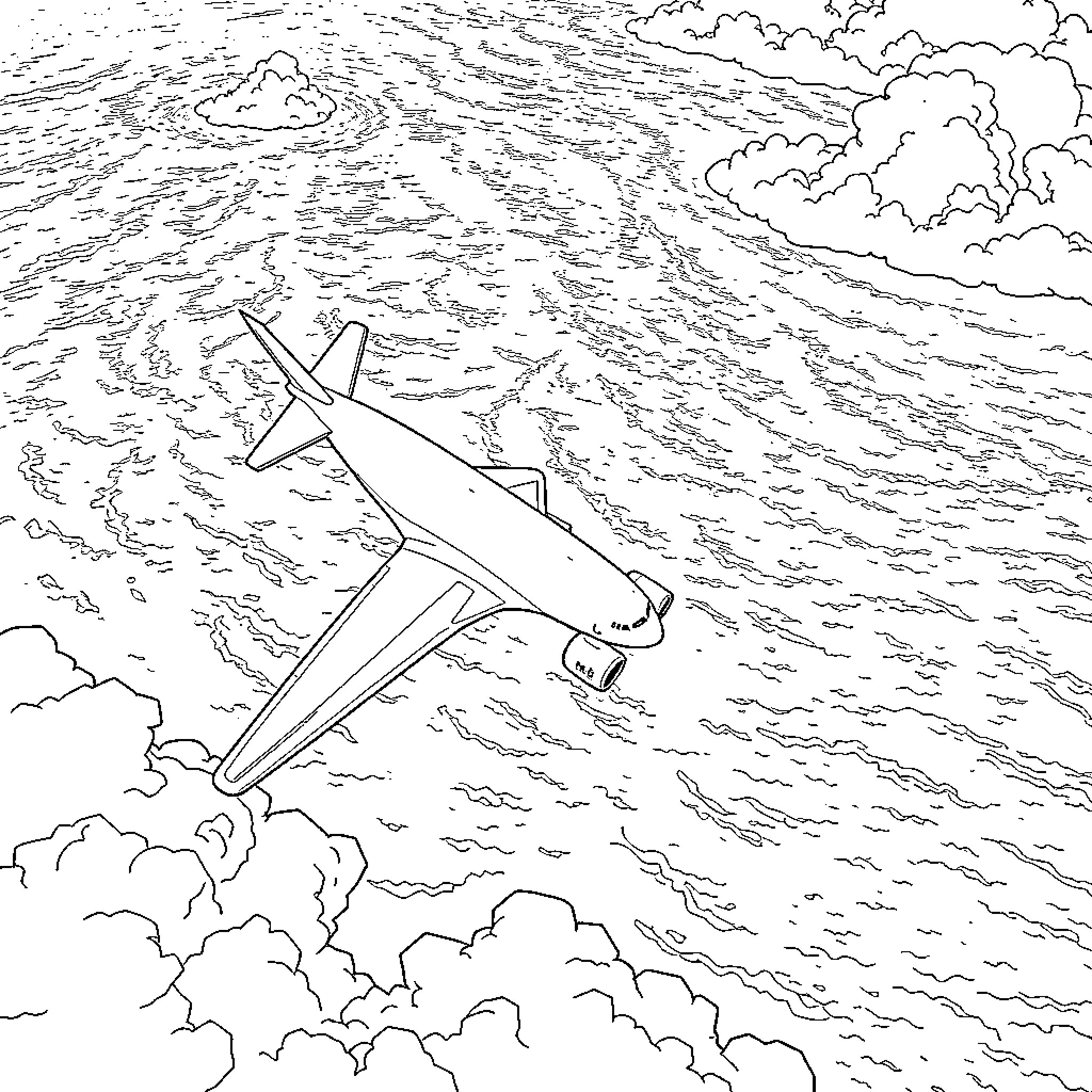 Airbus A380 soaring through the clouds Coloring Page (free black-and-white line drawing printable PDF for all, from beginners to advanced learners, including children, teens, adults, and seniors)