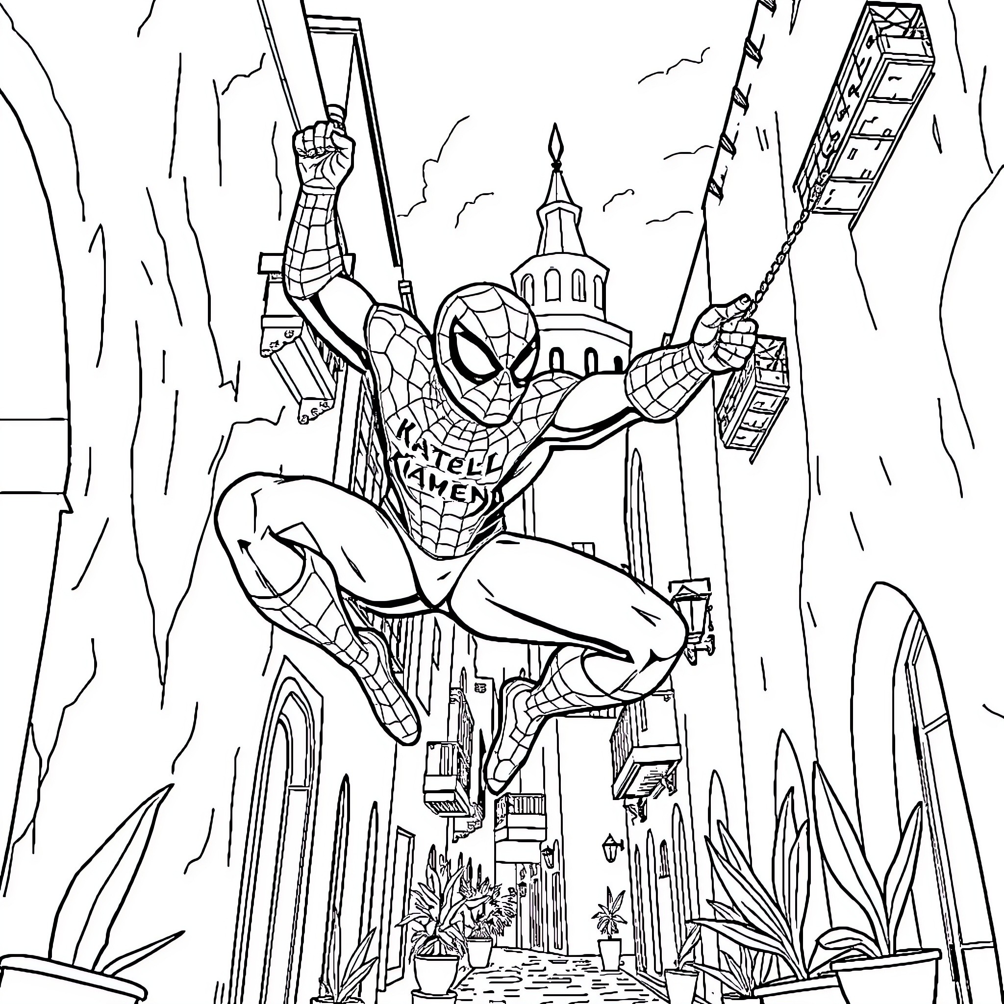 Spider-Man swinging through the city streets Coloring Page (free black-and-white line drawing printable PDF for all, from beginners to advanced learners, including children, teens, adults, and seniors)