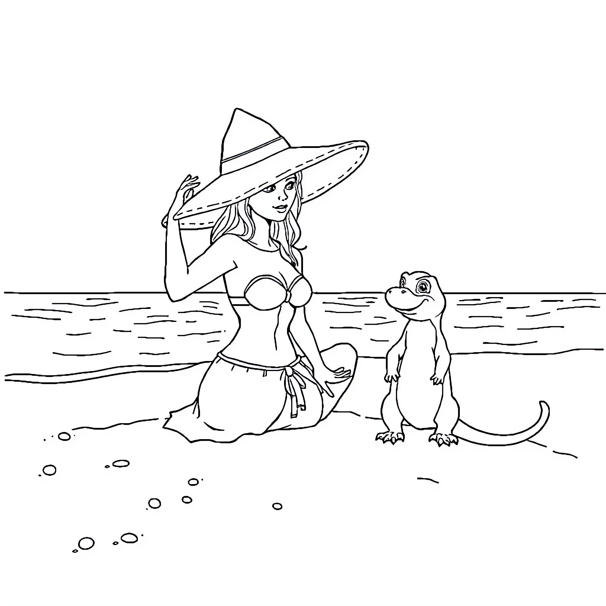 Doll enjoying a day at the beach with pet Coloring Page (free black-and-white line drawing printable PDF for all, from beginners to advanced learners, including children, teens, adults, and seniors)