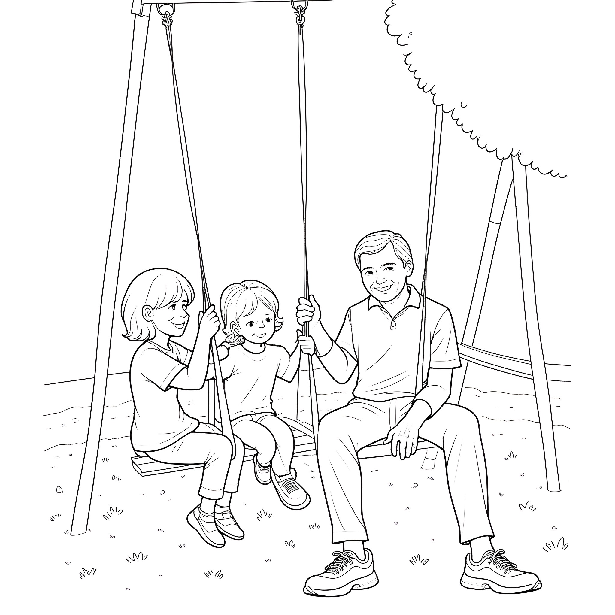 Grandfather with grandchildren on swings Coloring Page (free black-and-white line drawing printable PDF for all, from beginners to advanced learners, including children, teens, adults, and seniors)